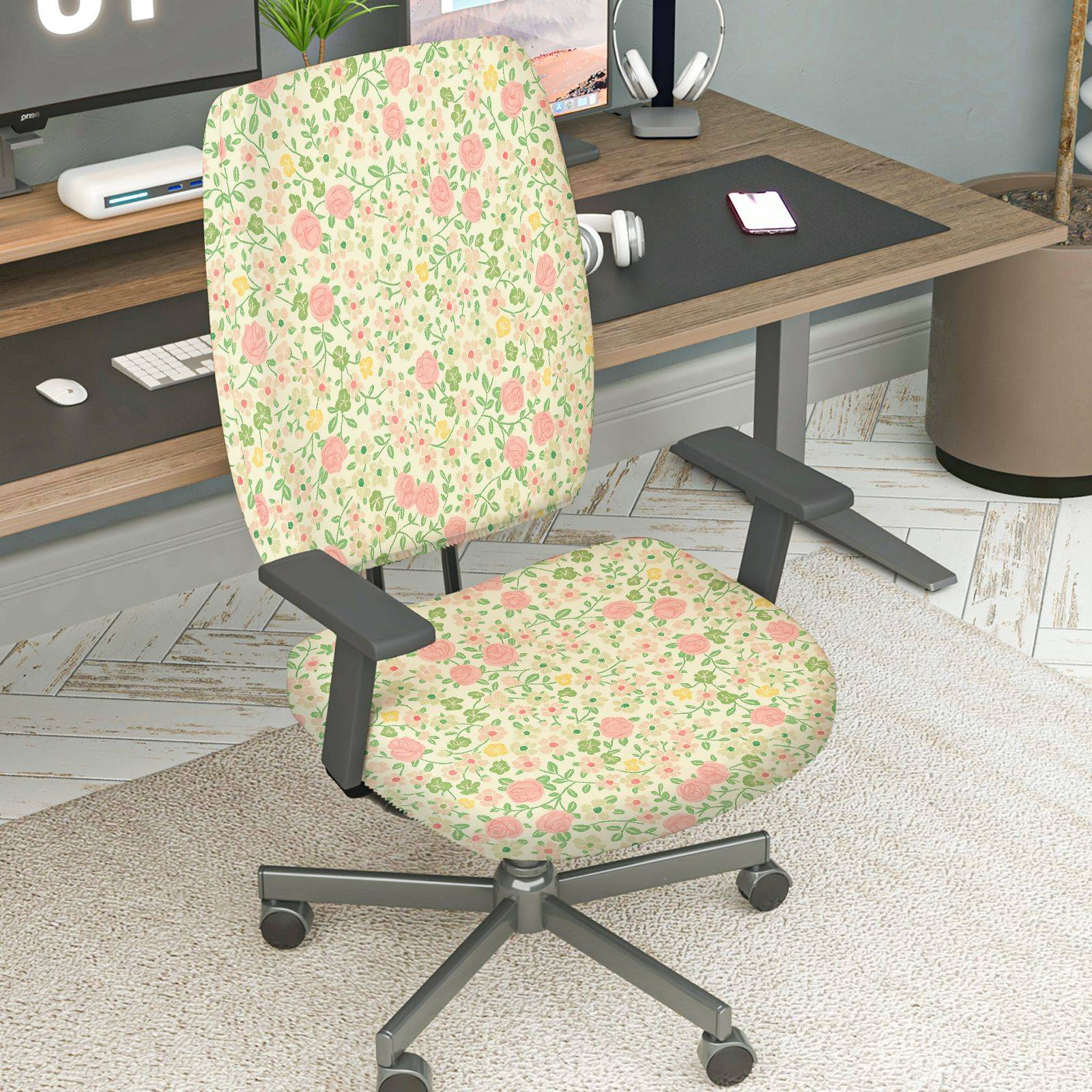 2-Piece Floral Pattern Rose Print Garden Style Flower  Computer Chair Cover Set, Seat and Backrest