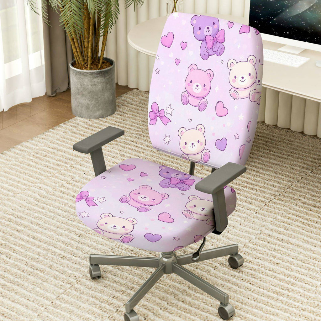 2-Piece Cute Teddy Bear Pink Hearts Stars Bow  Computer Chair Cover Set, Seat and Backrest