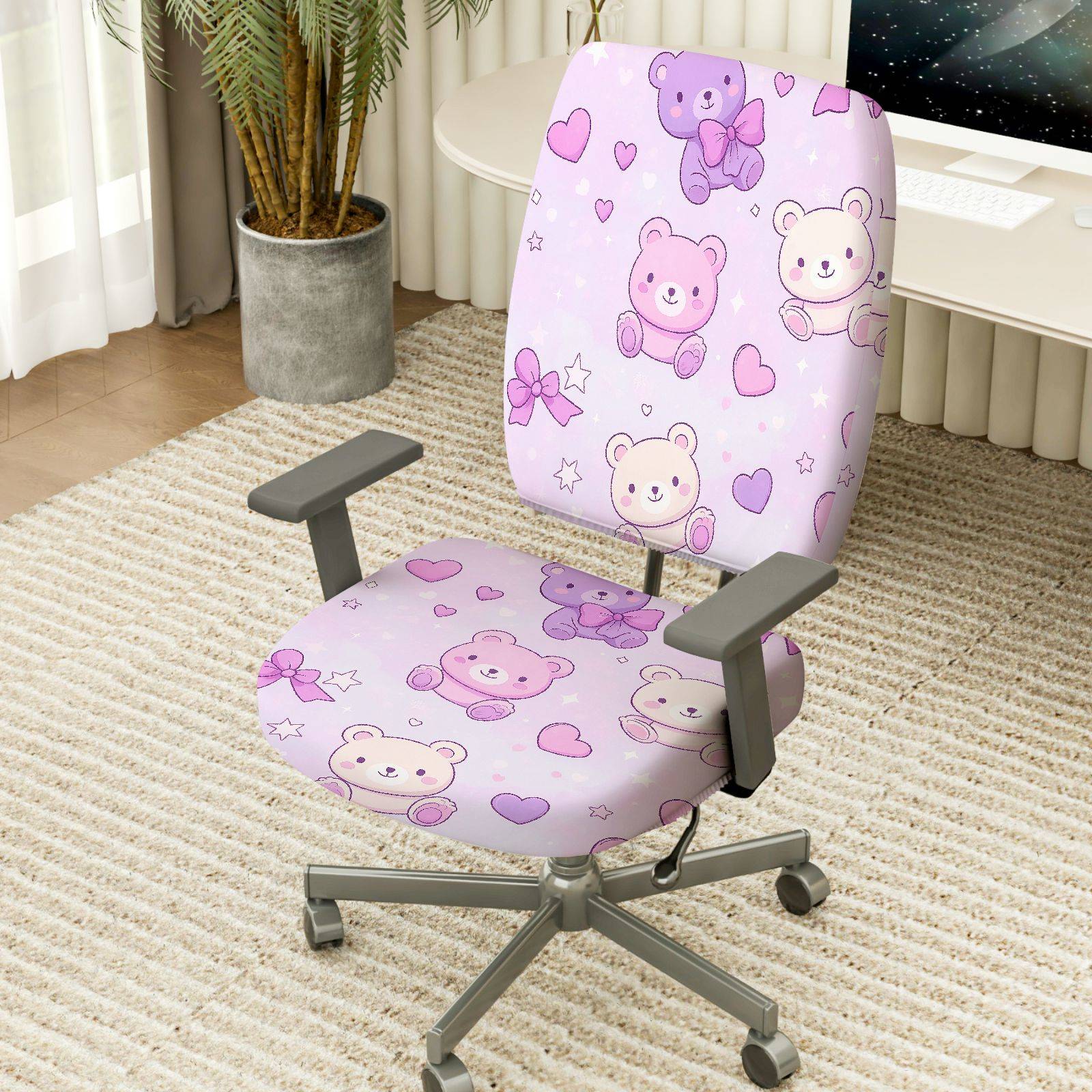 2-Piece Cute Teddy Bear Pink Hearts Stars Bow  Computer Chair Cover Set, Seat and Backrest