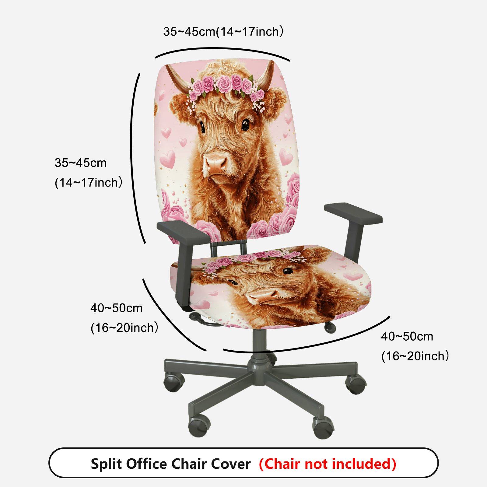 2-Piece Cute Highland Cow Flower Romantic Pink Festival  Computer Chair Cover Set, Seat and Backrest