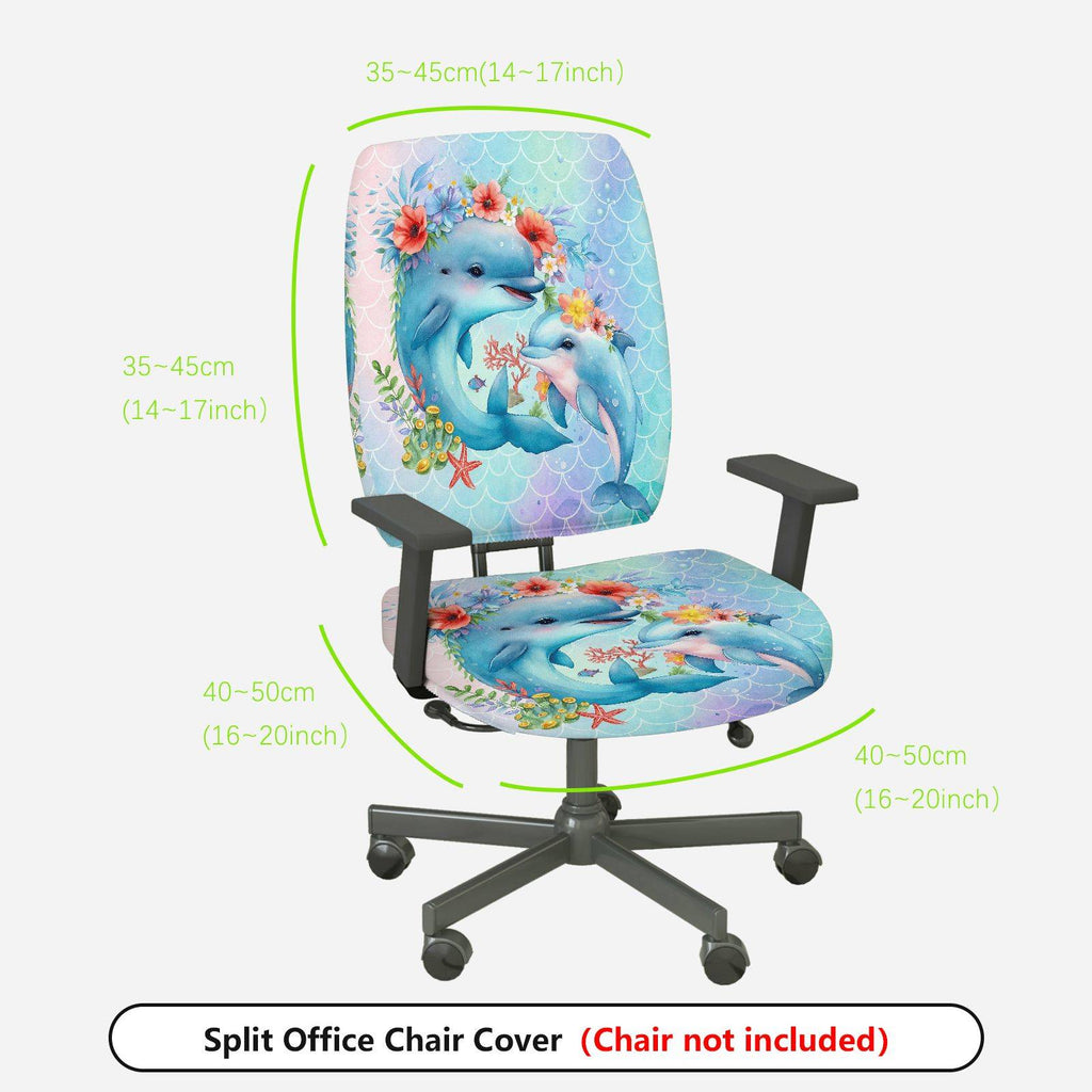 2-Piece Dolphin Ocean Flowers Animal  Computer Chair Cover Set, Seat and Backrest