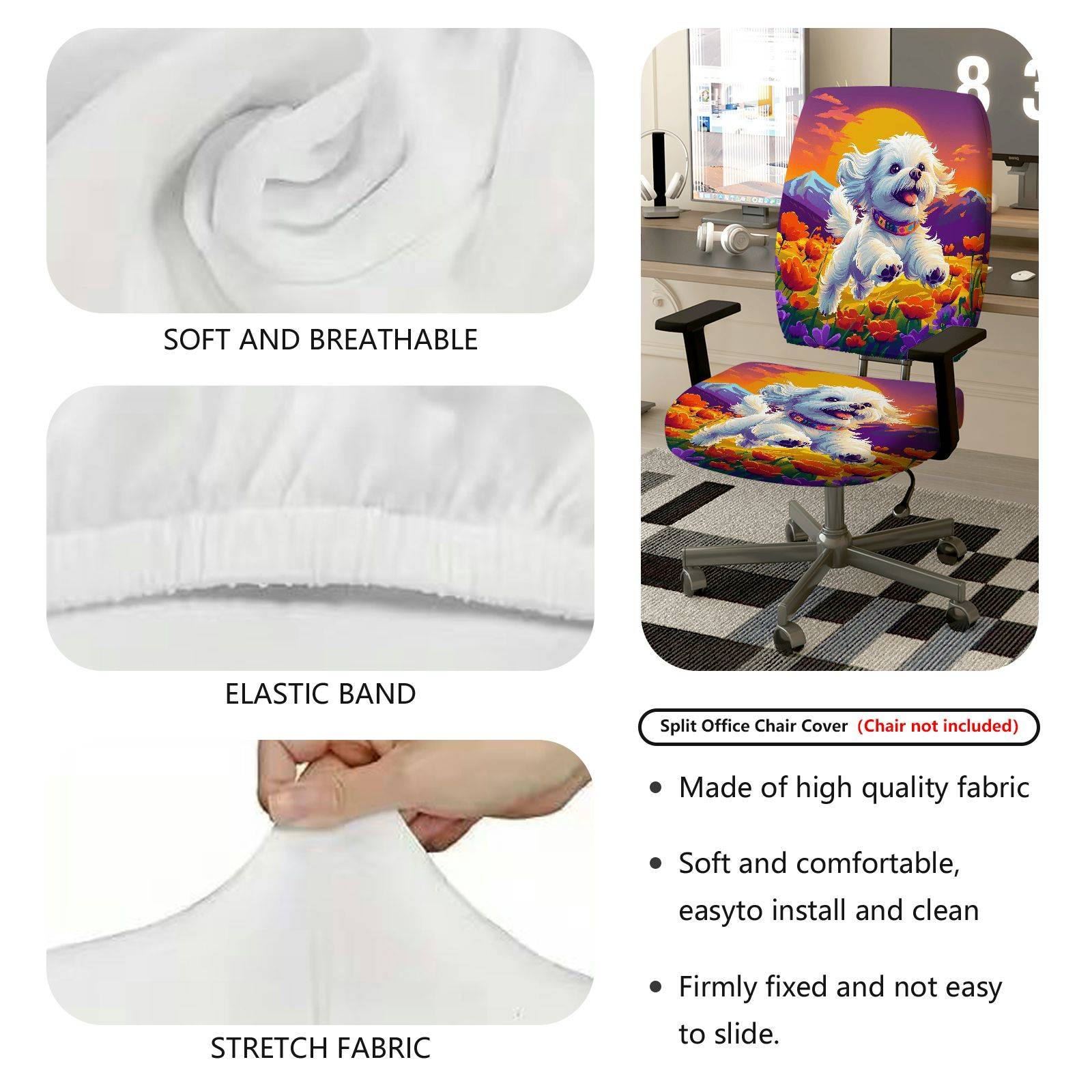 2-Piece Cute Dog Mountain Sunset Flowers Colorful  Computer Chair Cover Set, Seat and Backrest