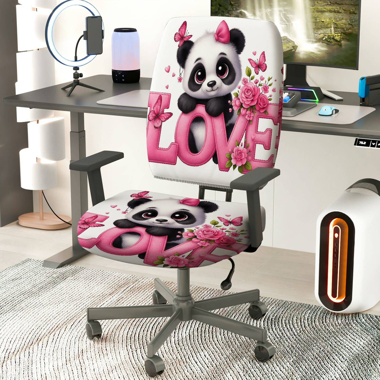 2-Piece Cute Panda Love Pink Floral Butterfly Pattern  Computer Chair Cover Set, Seat and Backrest