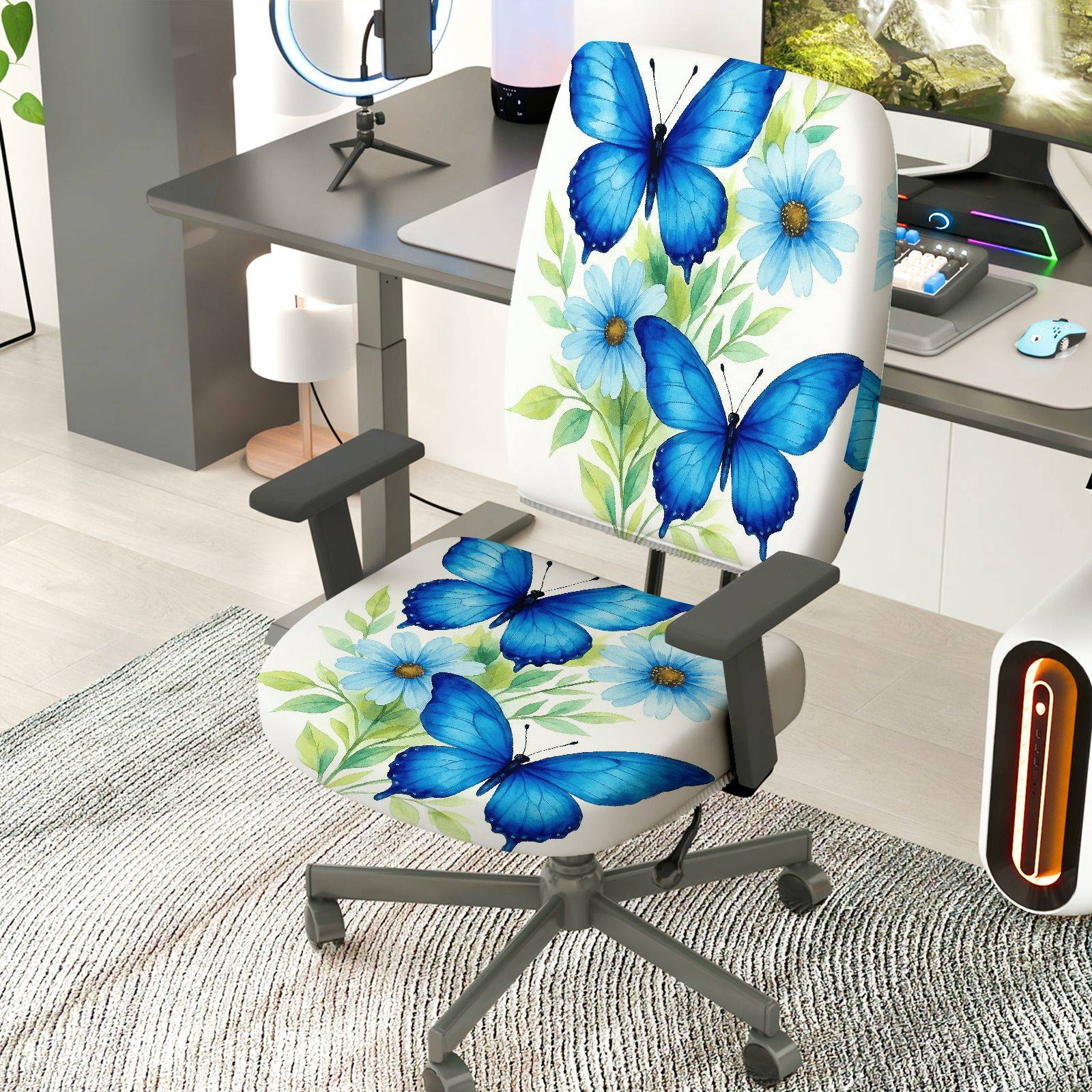 2-Piece Butterfly Flower Pattern Nature Colorful  Computer Chair Cover Set, Seat and Backrest