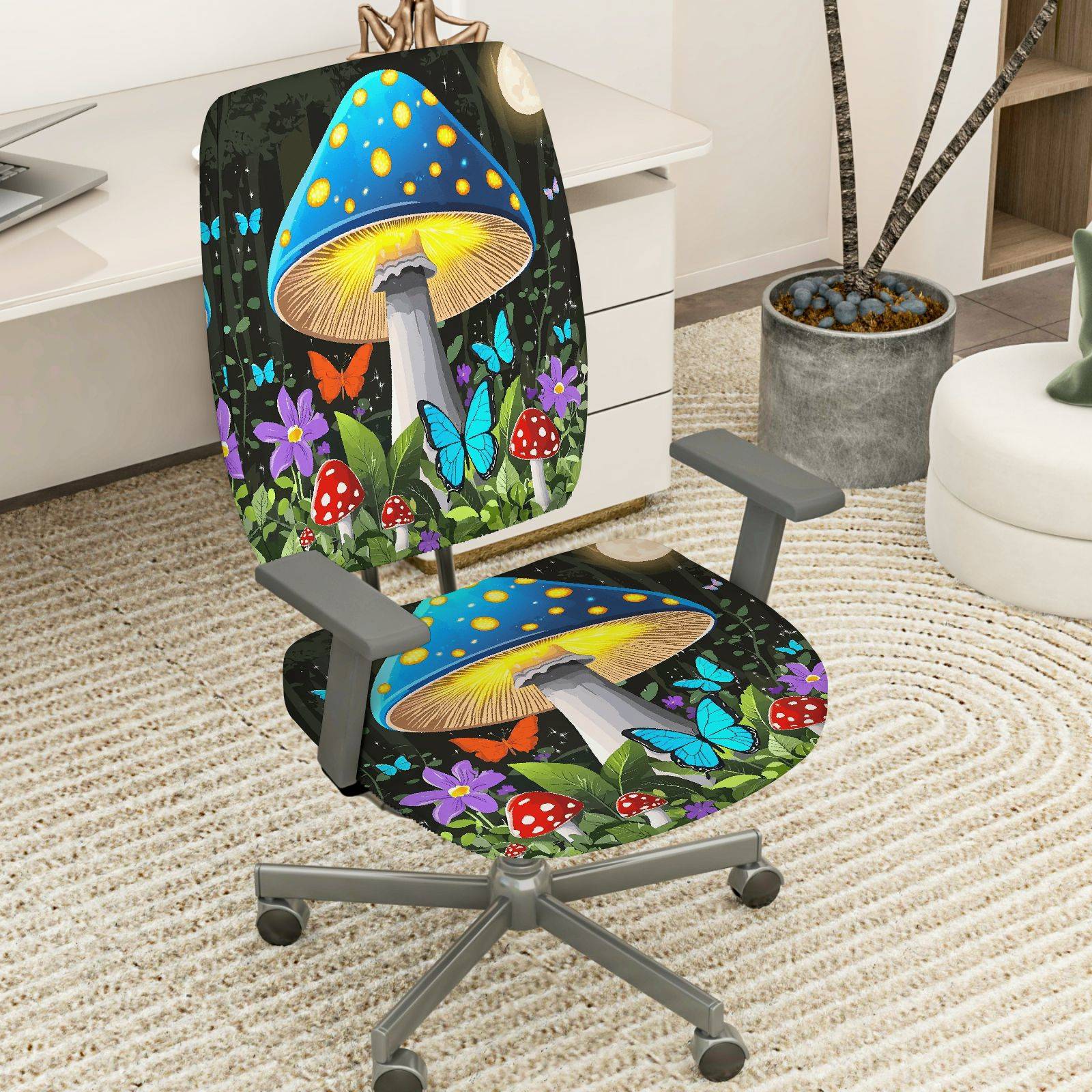2-Piece Fantasy Mushroom Forest Butterfly Flower Decorative  Computer Chair Cover Set, Seat and Backrest