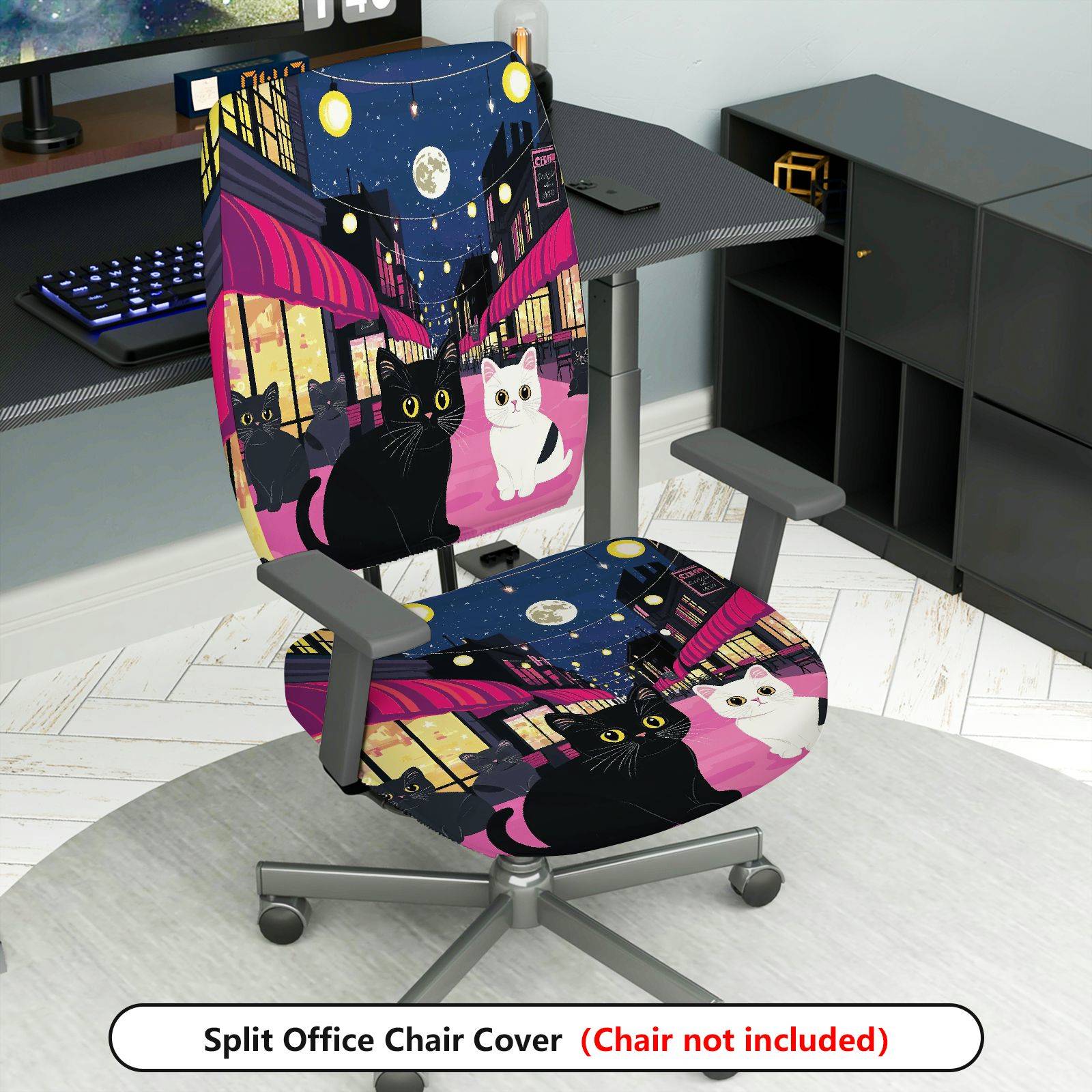 2-Piece Cat Night City Festival Decorative Moon  Computer Chair Cover Set, Seat and Backrest