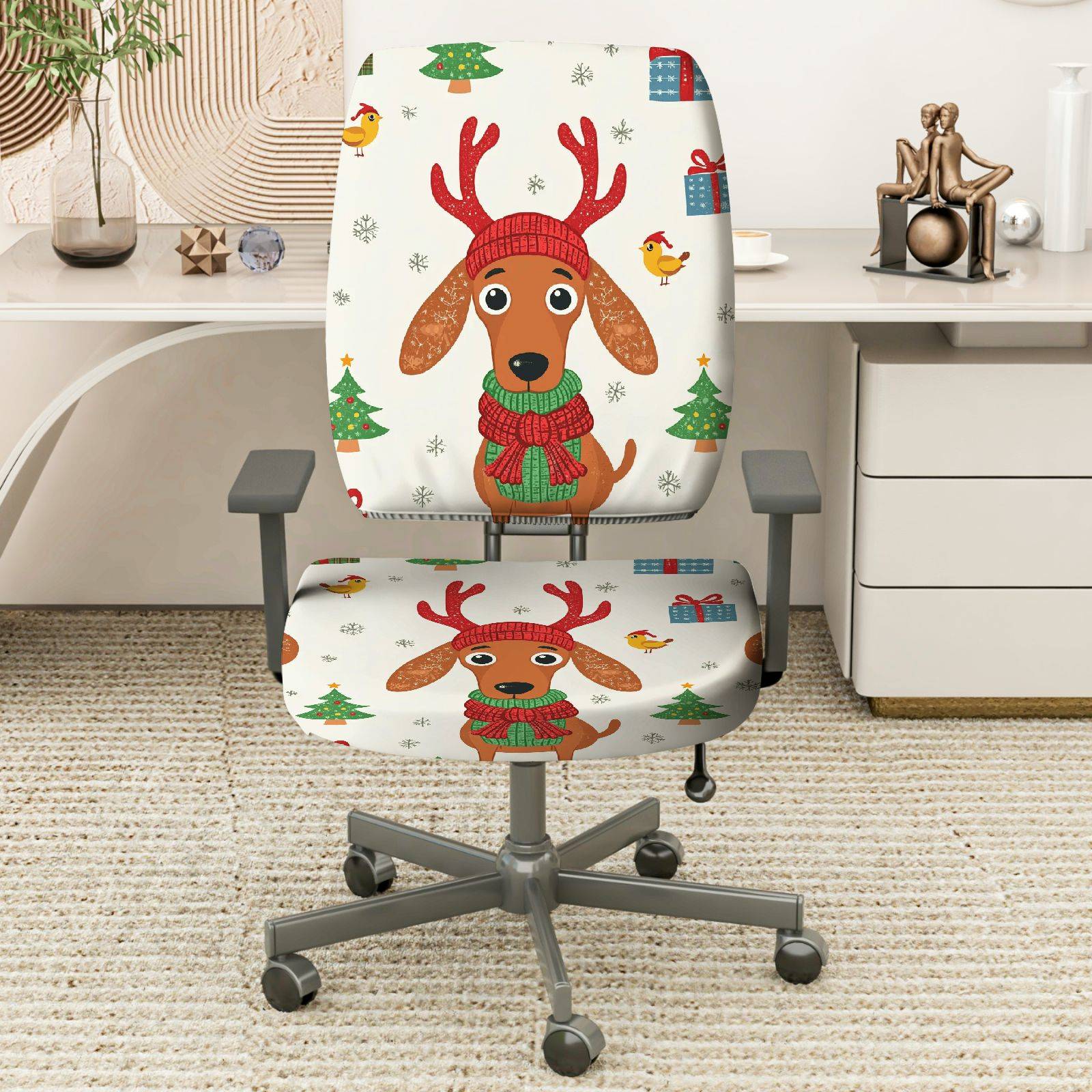 2-Piece Christmas Dog Reindeer Pattern Festive Holiday  Computer Chair Cover Set, Seat and Backrest