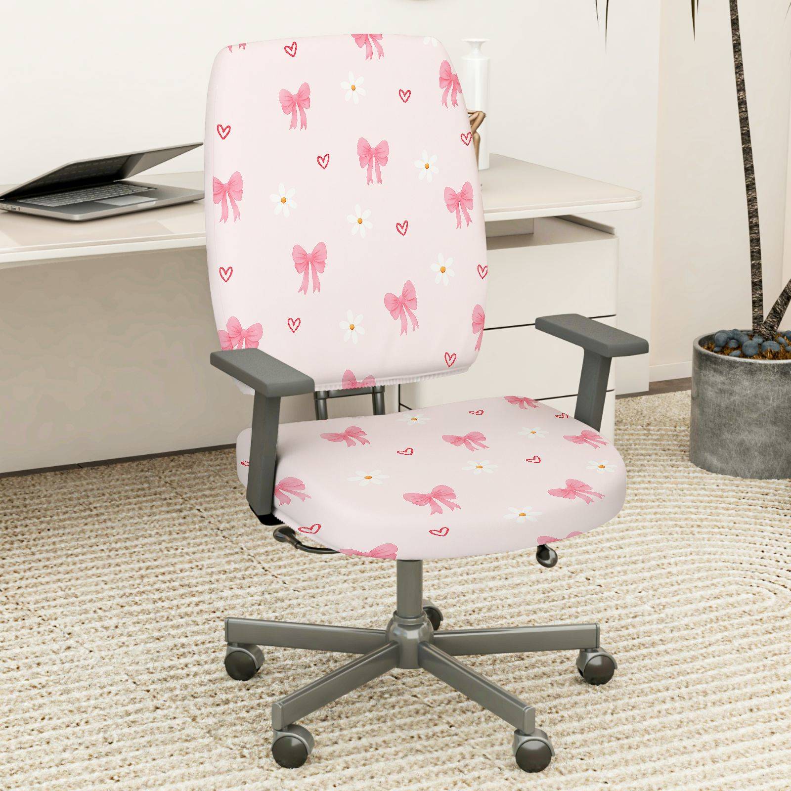 2-Piece Pink Bowknot Daisy Heart Cute  Computer Chair Cover Set, Seat and Backrest