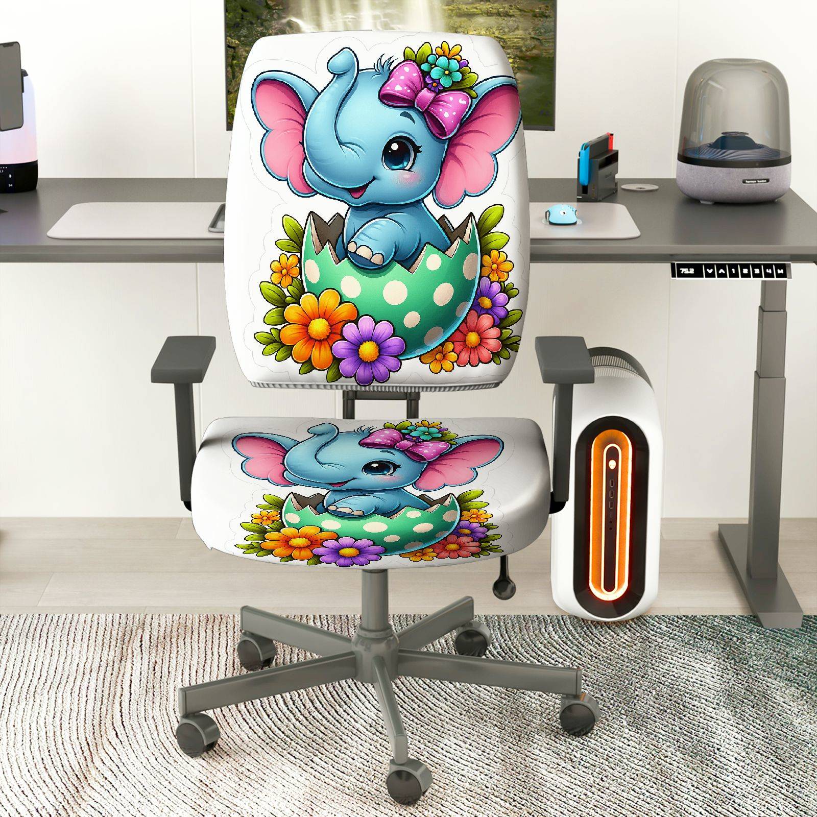 2-Piece Cute Colorful Floral Happy Easter  Computer Chair Cover Set, Seat and Backrest