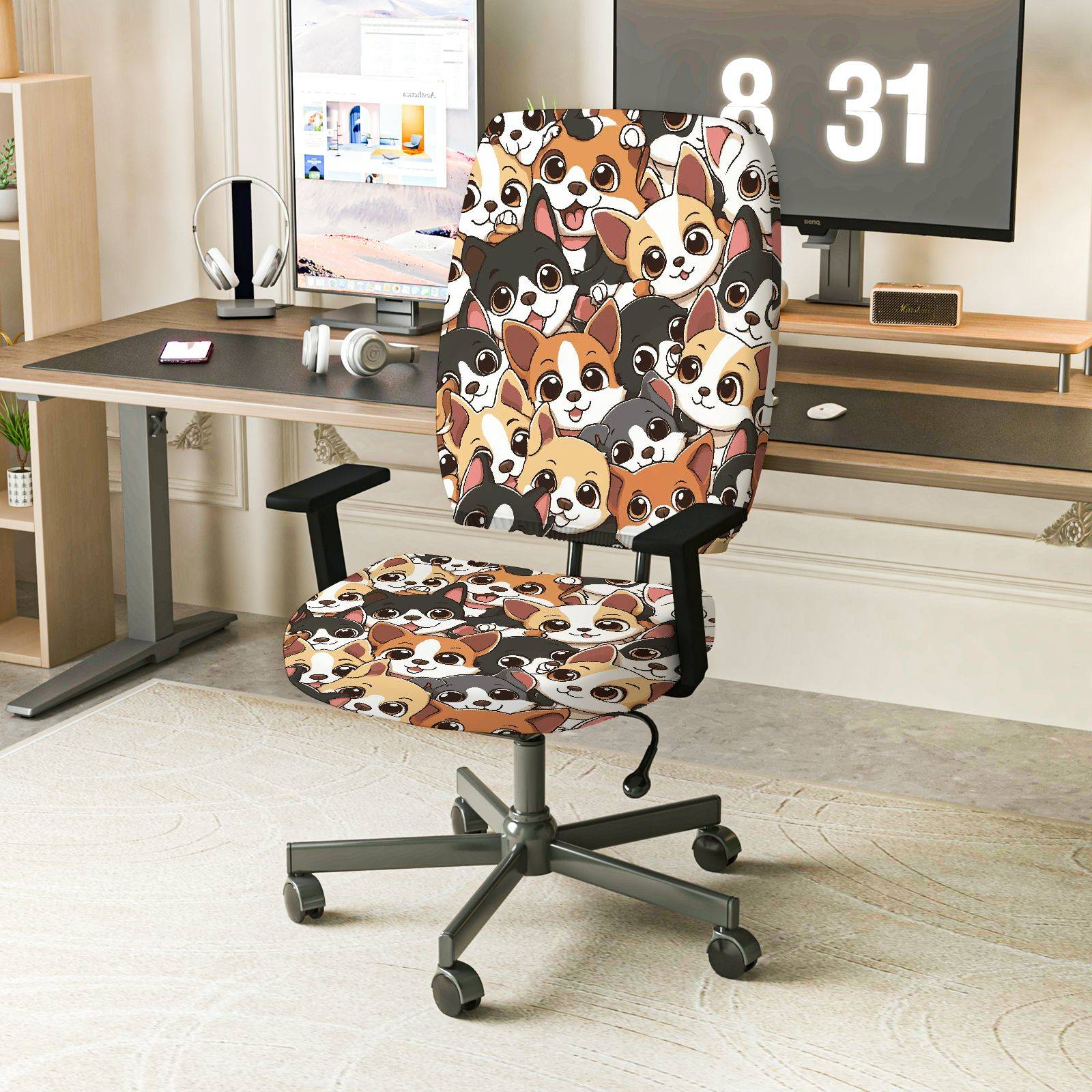 2-Piece Cute Dog Pattern Fun Playful  Computer Chair Cover Set, Seat and Backrest