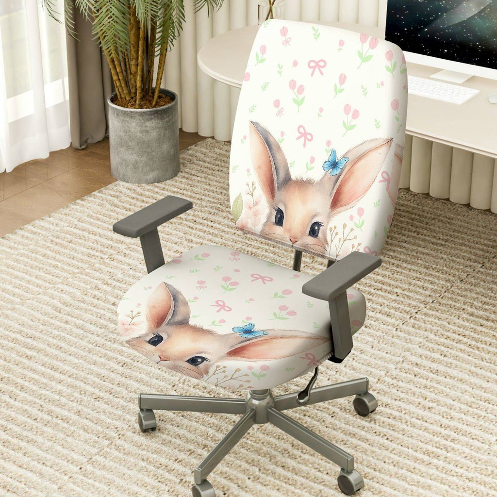 2-Piece Cute Bunny Floral Pattern Spring Easter  Computer Chair Cover Set, Seat and Backrest
