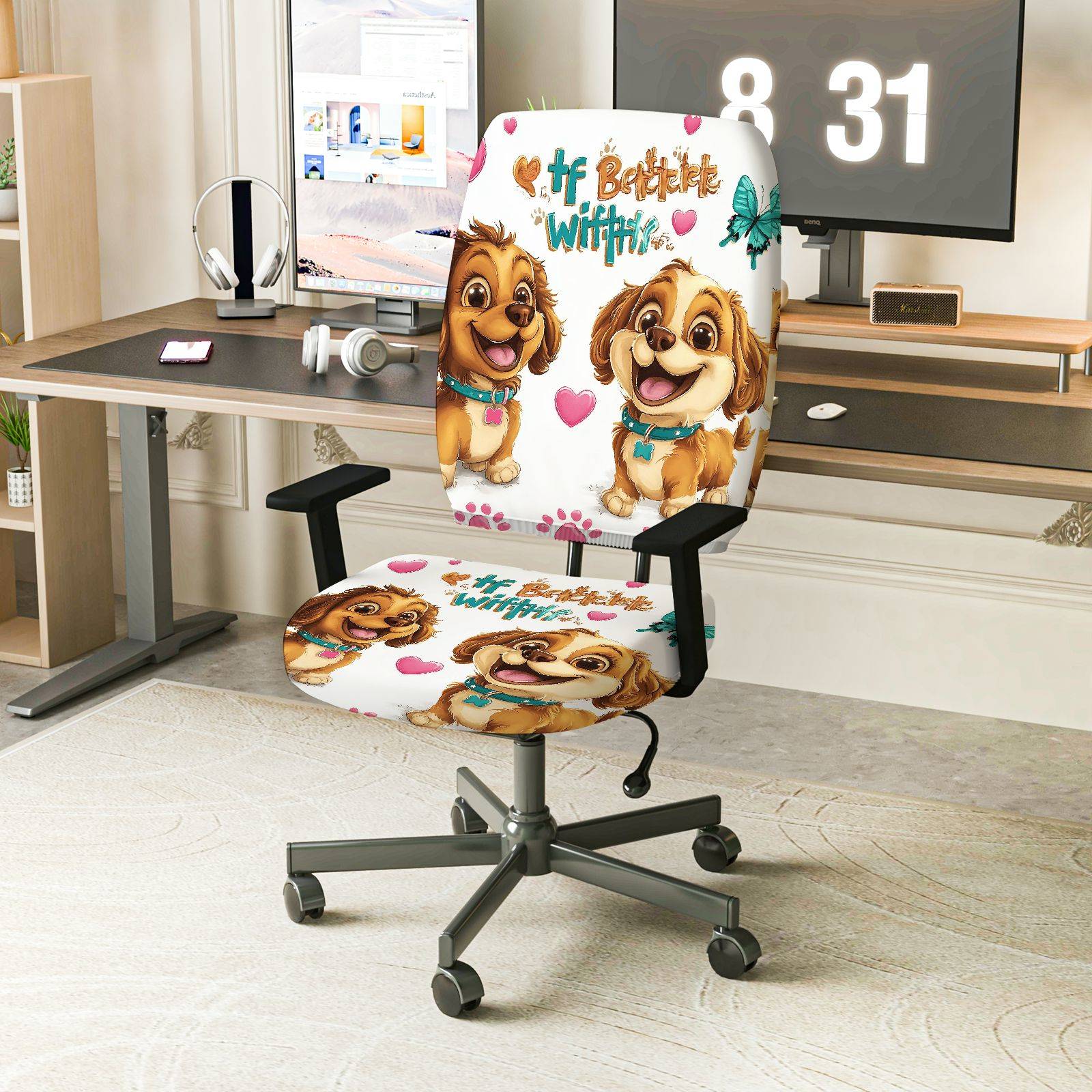 2-Piece Dog Paw Heart Butterfly  Computer Chair Cover Set, Seat and Backrest