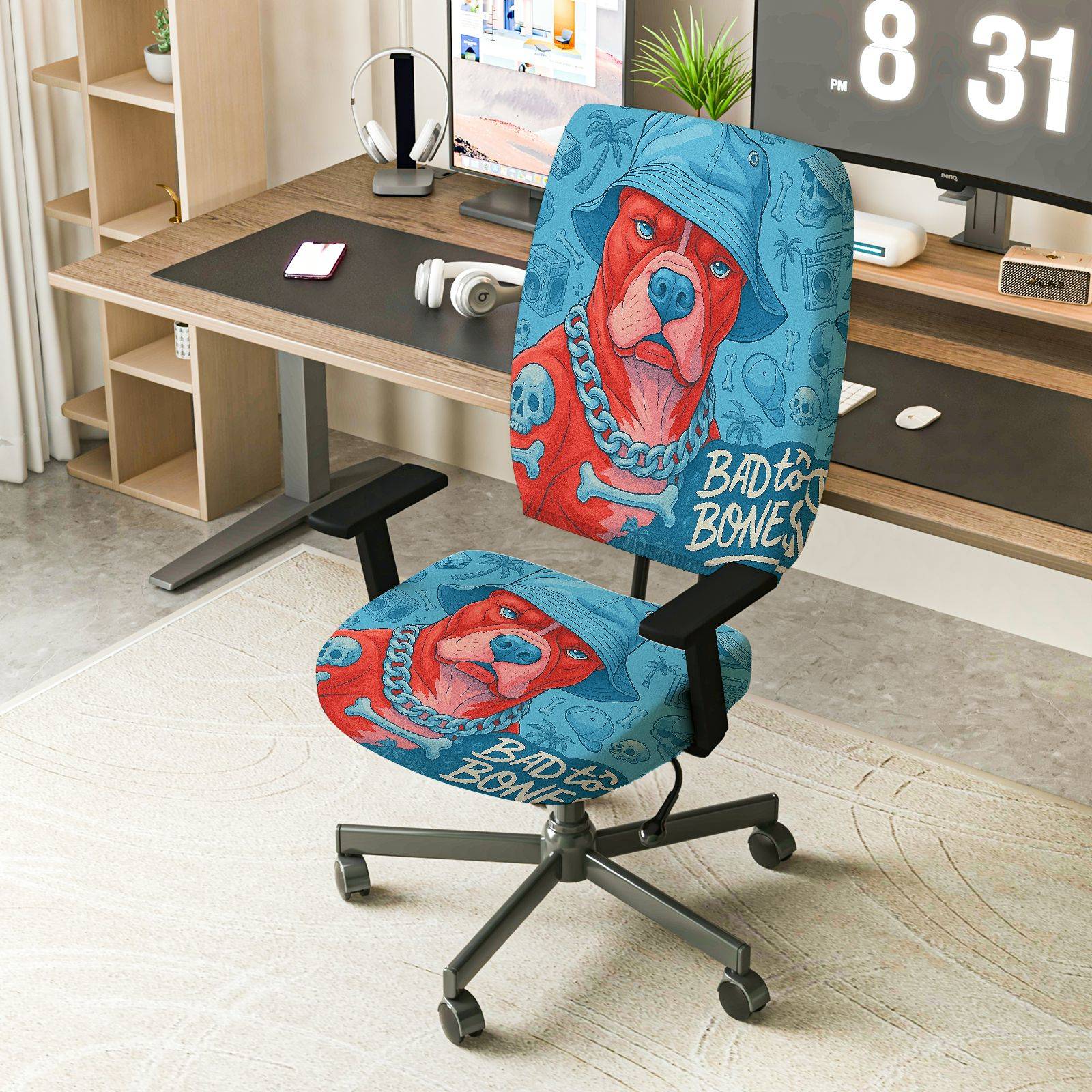 2-Piece Dog Skull Chain Hip Hop  Computer Chair Cover Set, Seat and Backrest