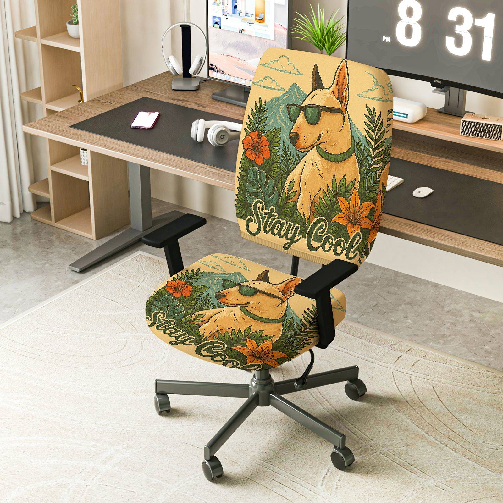 2-Piece Dog Cool Sunglasses Floral Tropical  Computer Chair Cover Set, Seat and Backrest