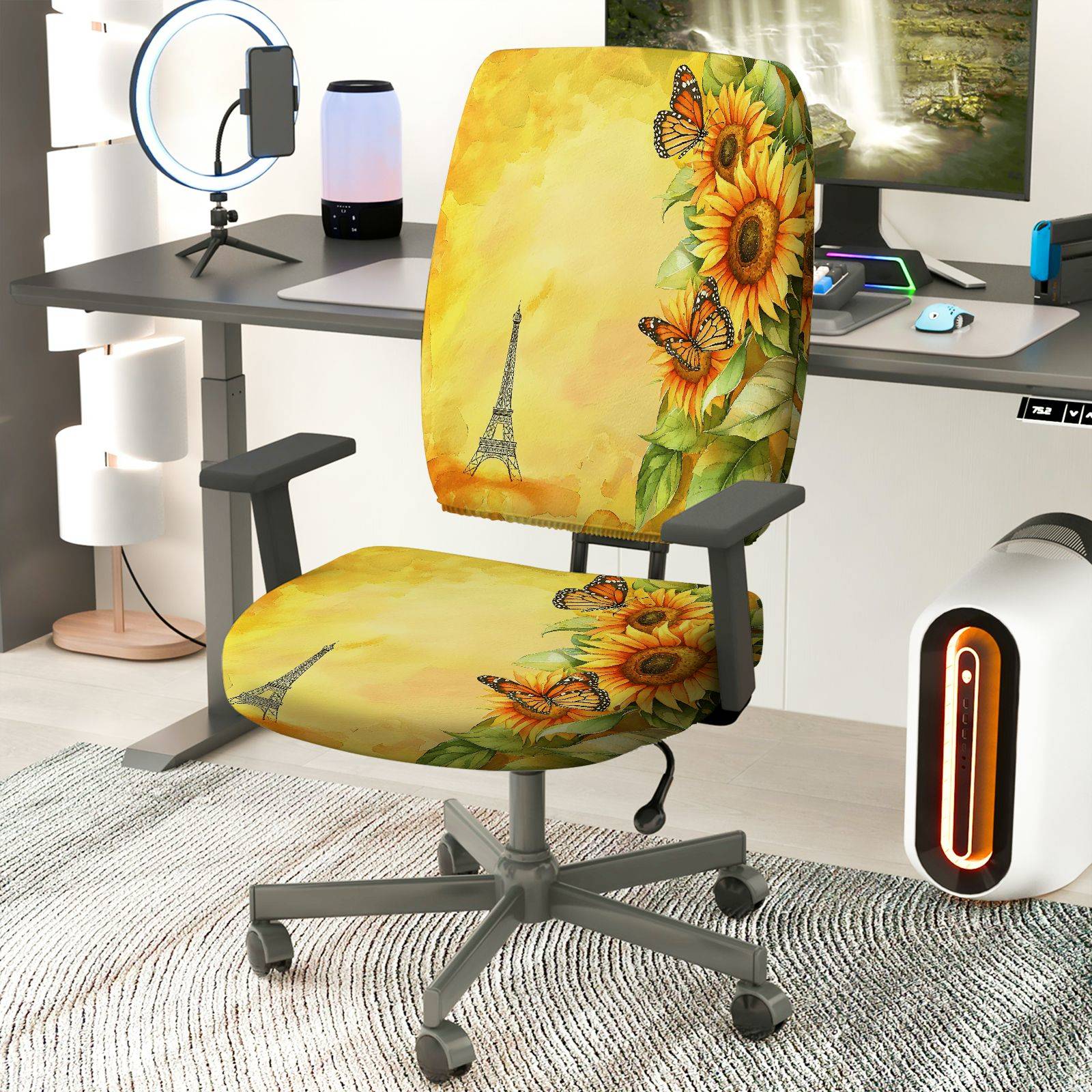2-Piece Sunflower Eiffel Tower Butterfly Nature Autumn  Computer Chair Cover Set, Seat and Backrest