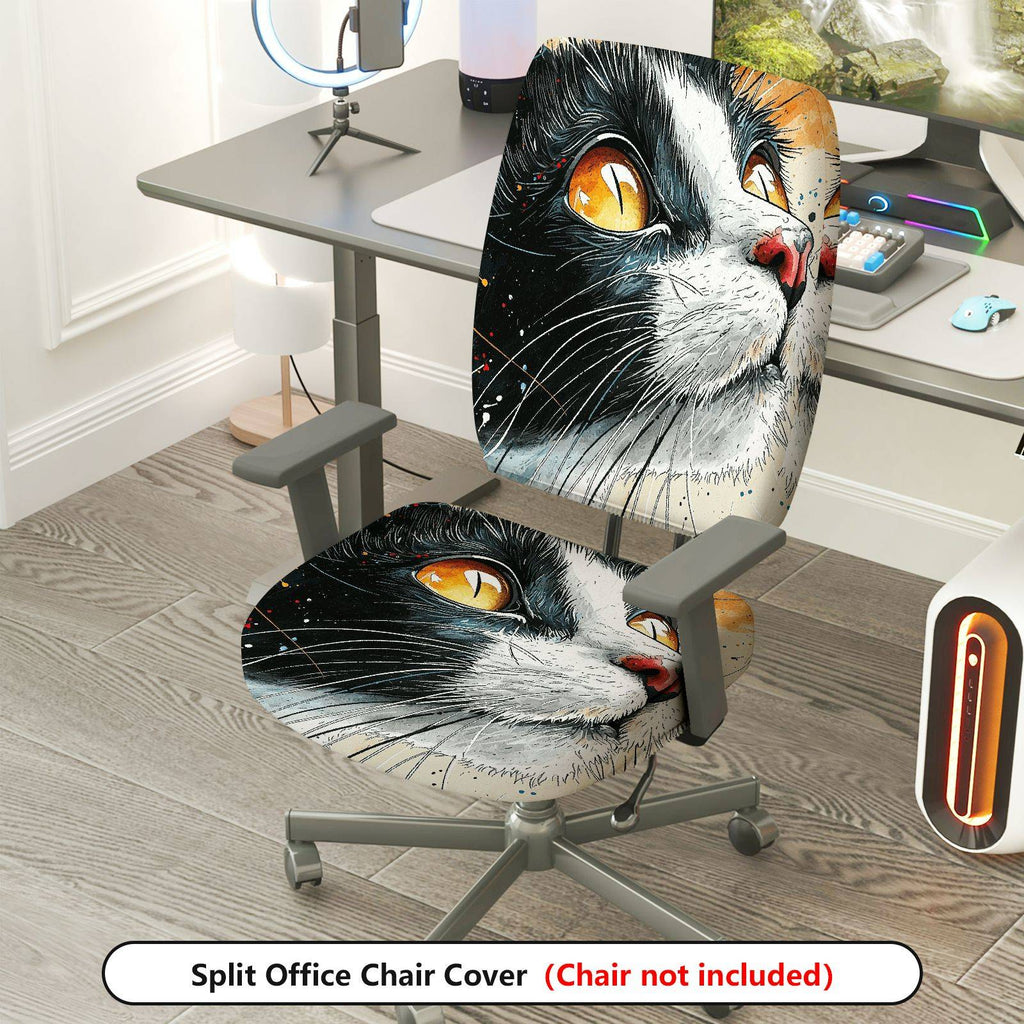 2-Piece Cat Pattern Art Design Animal Print Black White  Computer Chair Cover Set, Seat and Backrest