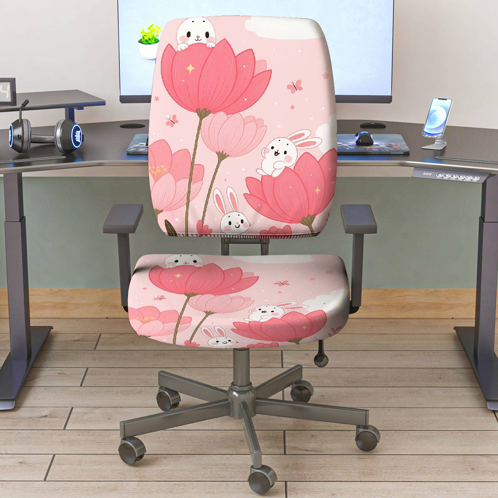 2-Piece Pink Flower Rabbit Cute Spring  Computer Chair Cover Set, Seat and Backrest