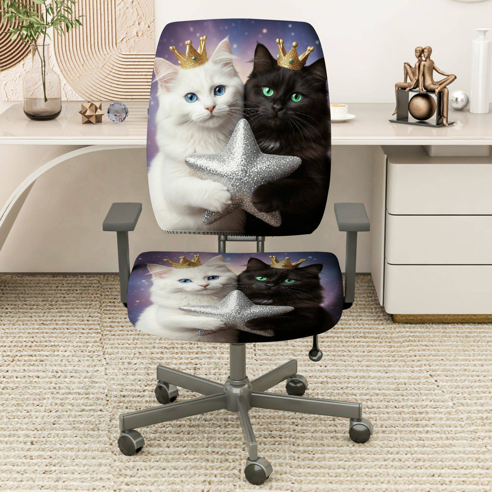 2-Piece Cute Cat Star Crown Fantasy  Computer Chair Cover Set, Seat and Backrest