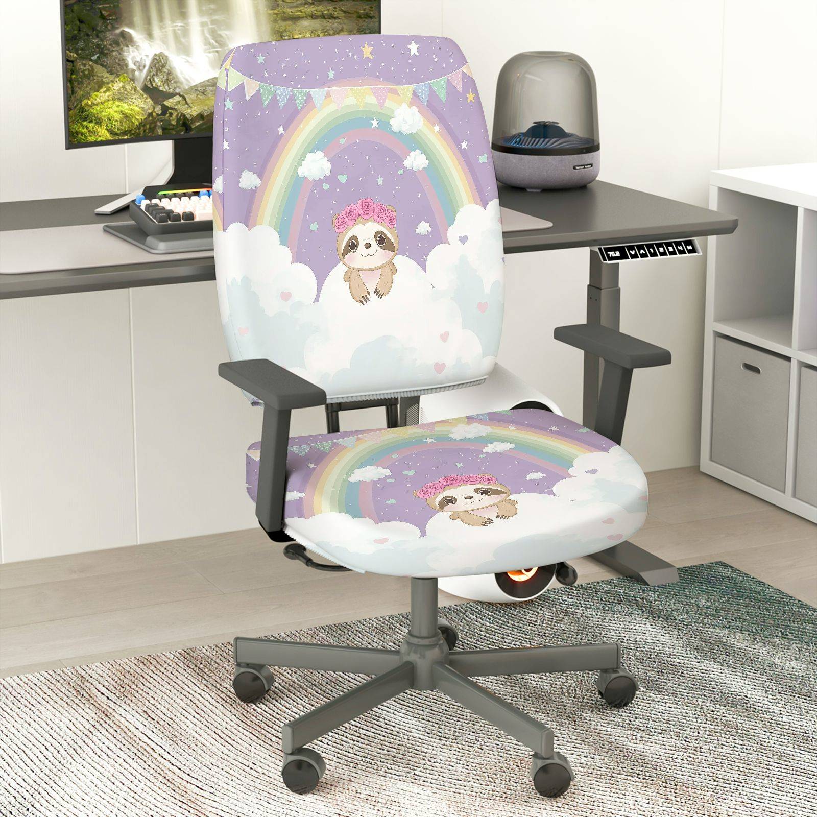 2-Piece Adorable Sloth Rainbow Cloud Cute Dreamy  Computer Chair Cover Set, Seat and Backrest