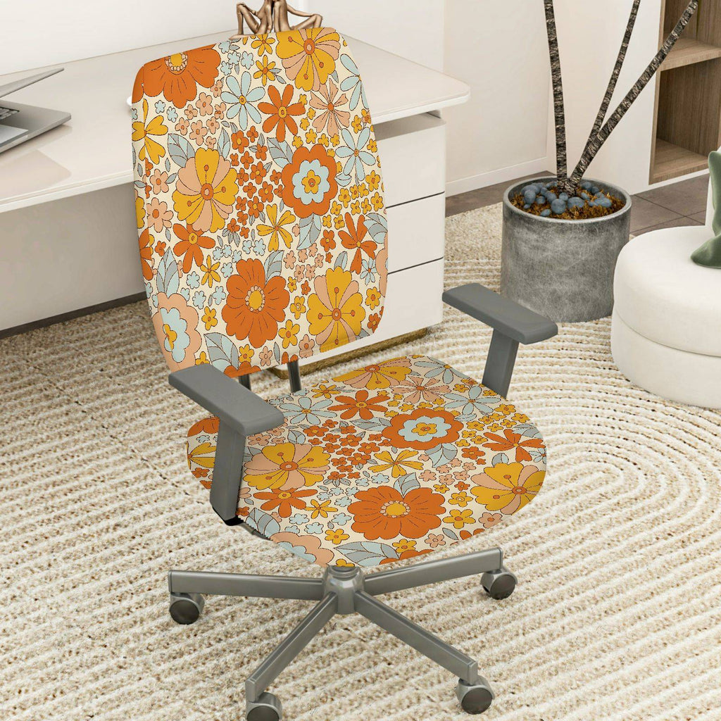 2-Piece Floral Pattern Orange Bloom Flower Bohemian Style Spring  Computer Chair Cover Set, Seat and Backrest
