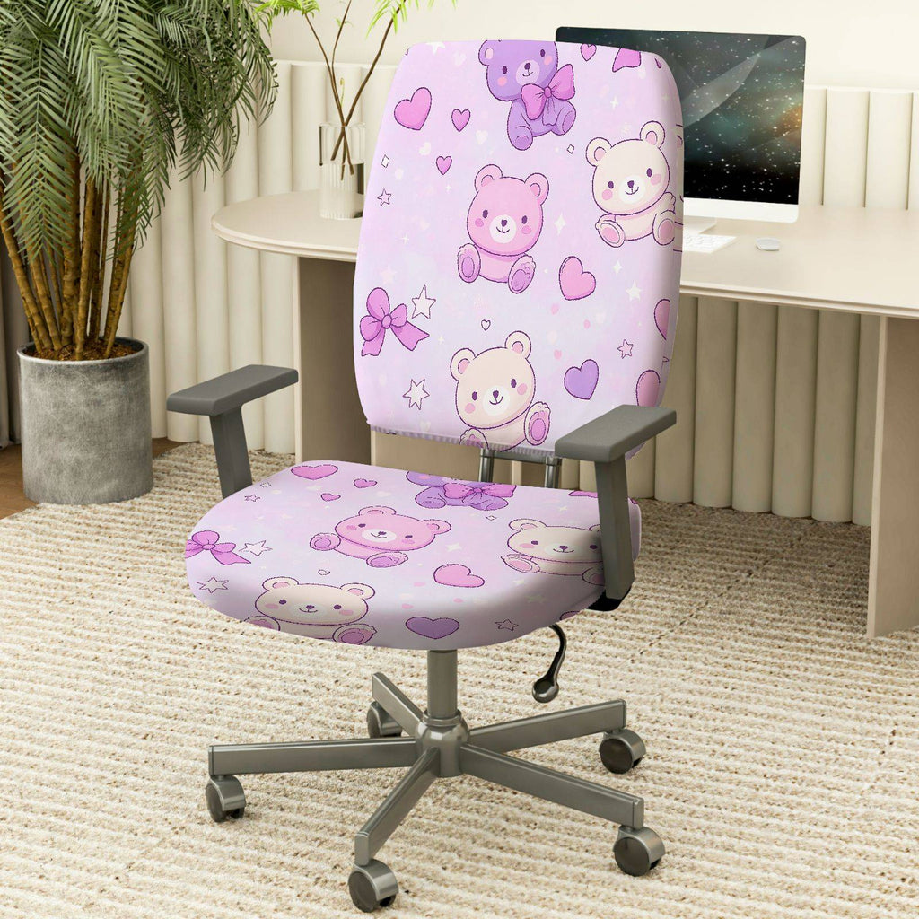 2-Piece Cute Teddy Bear Pink Hearts Stars Bow  Computer Chair Cover Set, Seat and Backrest