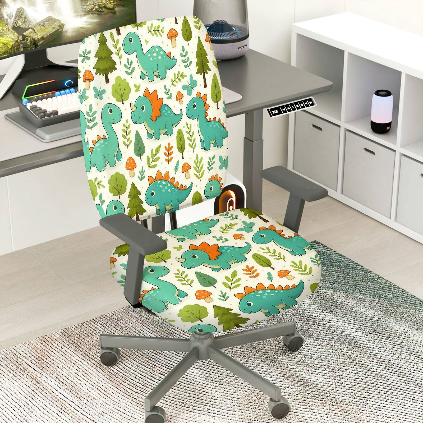 2-Piece Dinosaur Forest Green Cute  Computer Chair Cover Set, Seat and Backrest