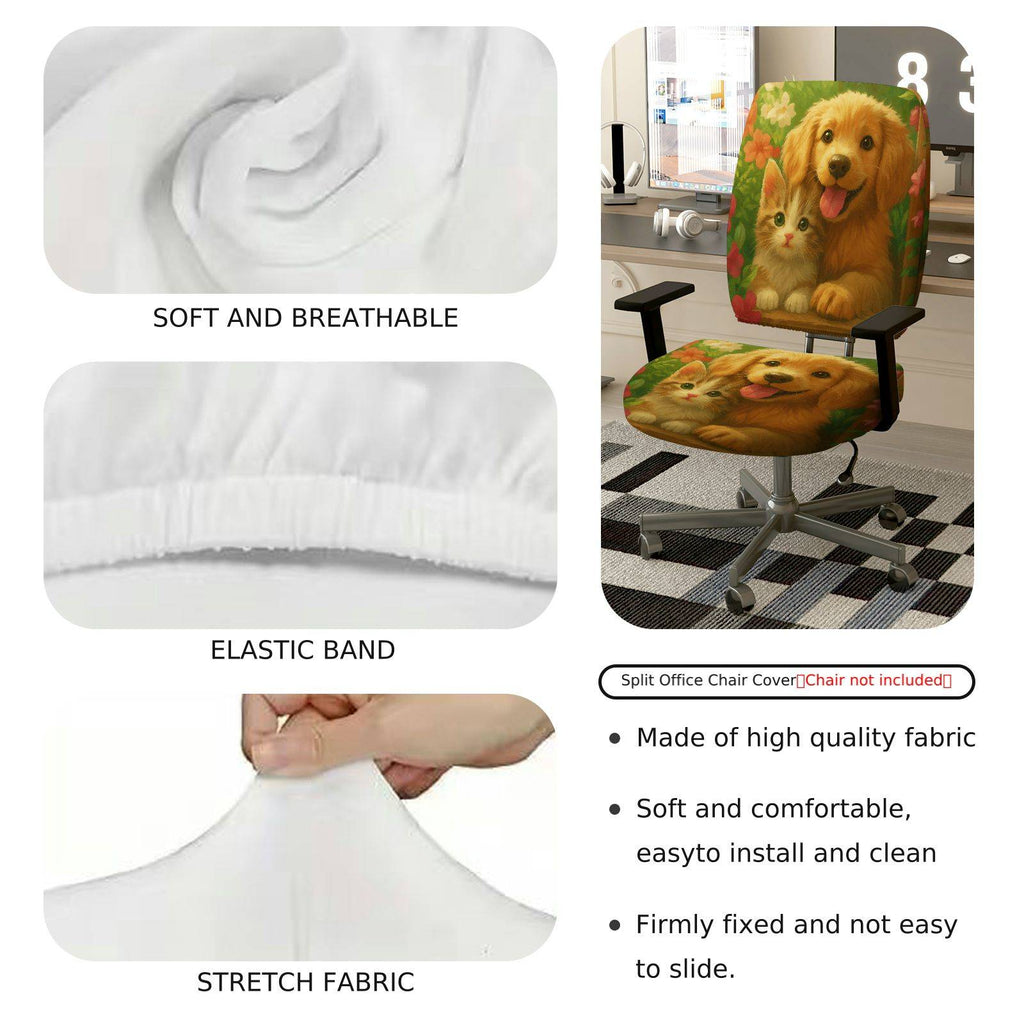 2-Piece Floral Dog Animal Green Pattern  Computer Chair Cover Set, Seat and Backrest