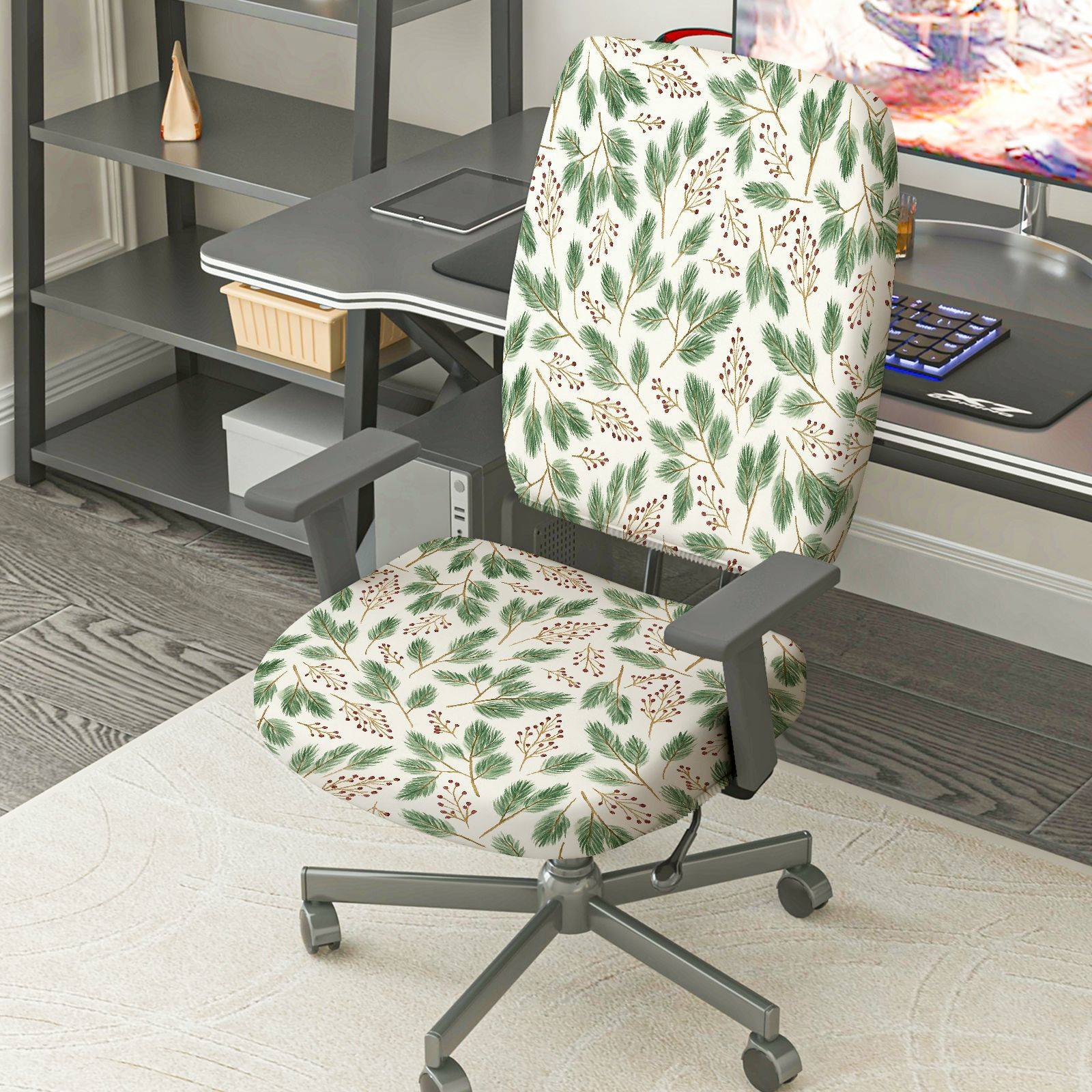 2-Piece Christmas Floral Leaf Pattern Holiday  Computer Chair Cover Set, Seat and Backrest