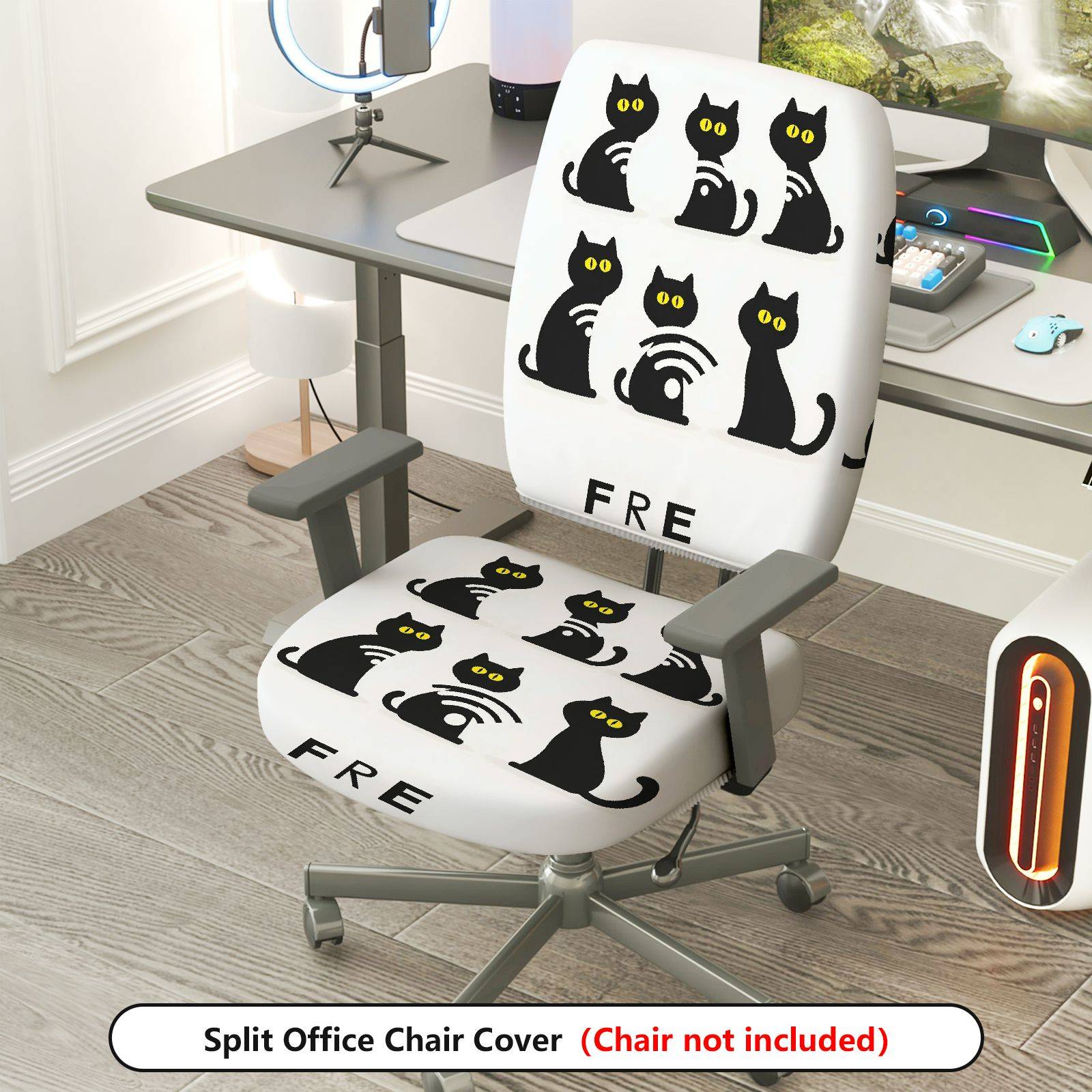 2-Piece Black cat pattern Halloween  Computer Chair Cover Set, Seat and Backrest