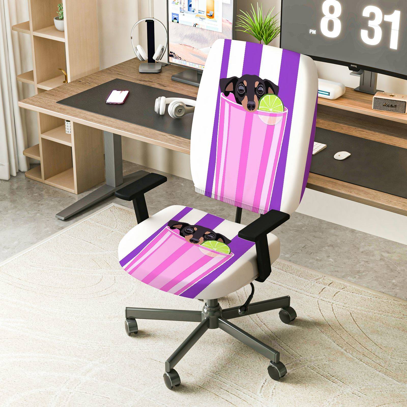 2-Piece Cute Dog Drink Pink Purple Stripe  Computer Chair Cover Set, Seat and Backrest