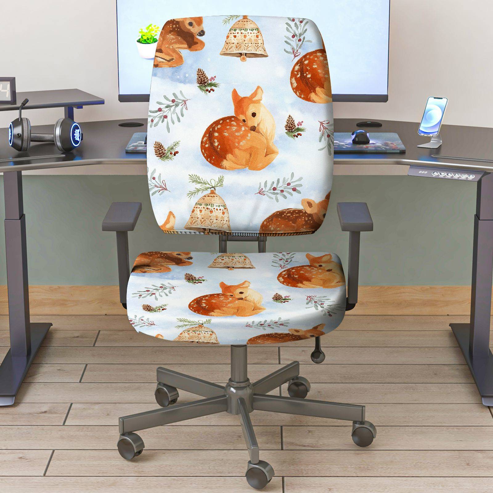 2-Piece Cute Christmas Deer Bell Pine Leaves  Computer Chair Cover Set, Seat and Backrest