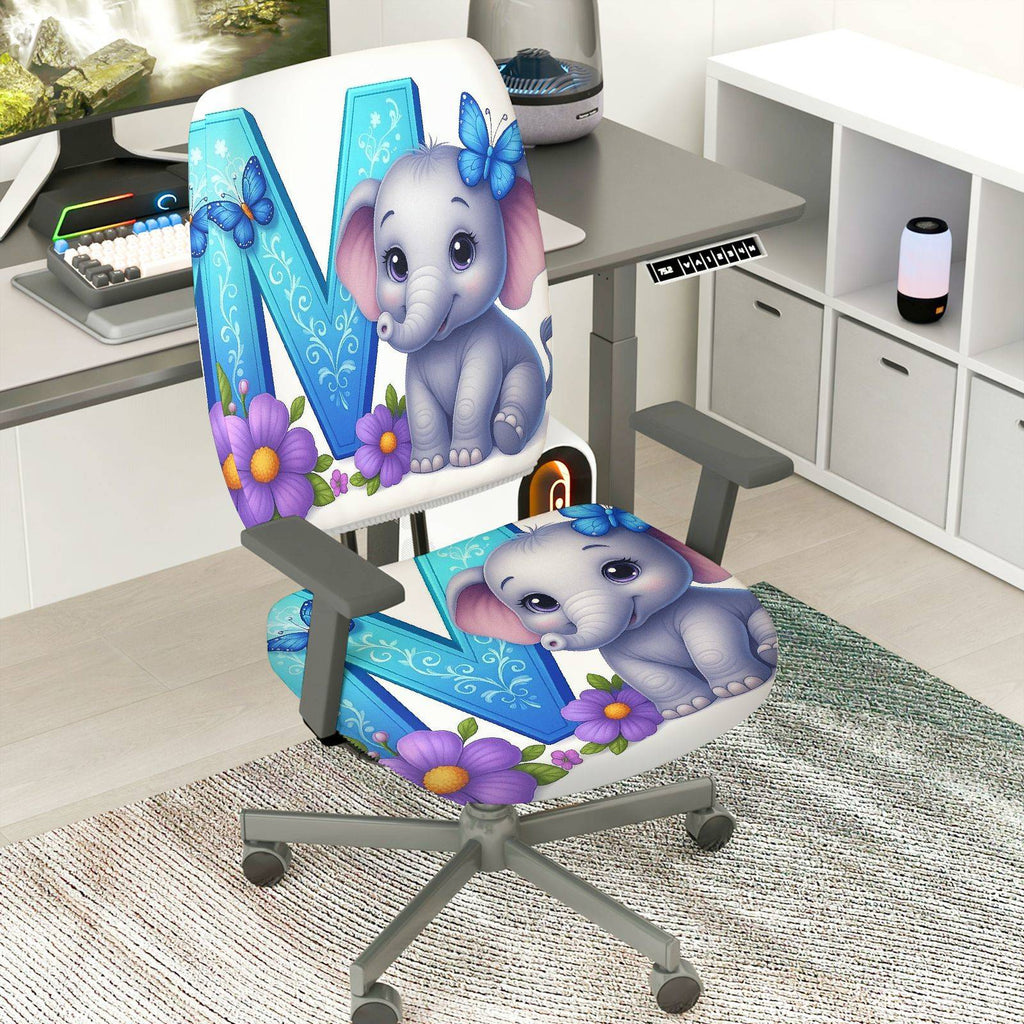 2-Piece Cute Elephant Butterfly Flower  Computer Chair Cover Set, Seat and Backrest