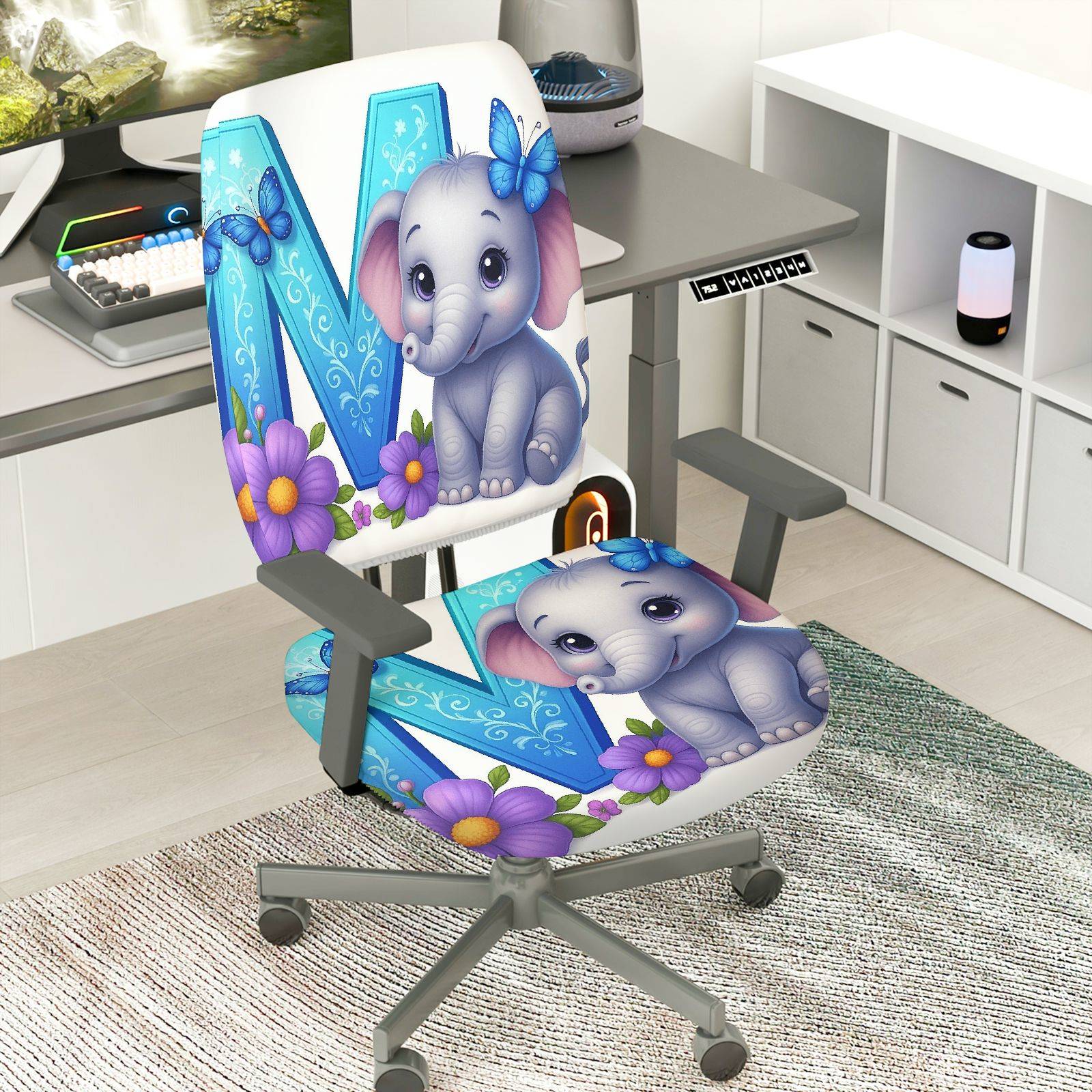 2-Piece Cute Elephant Butterfly Flower  Computer Chair Cover Set, Seat and Backrest