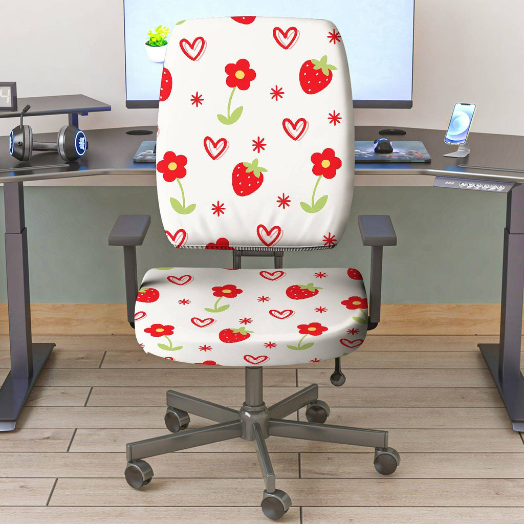 2-Piece Strawberry Flower Heart Pattern  Computer Chair Cover Set, Seat and Backrest