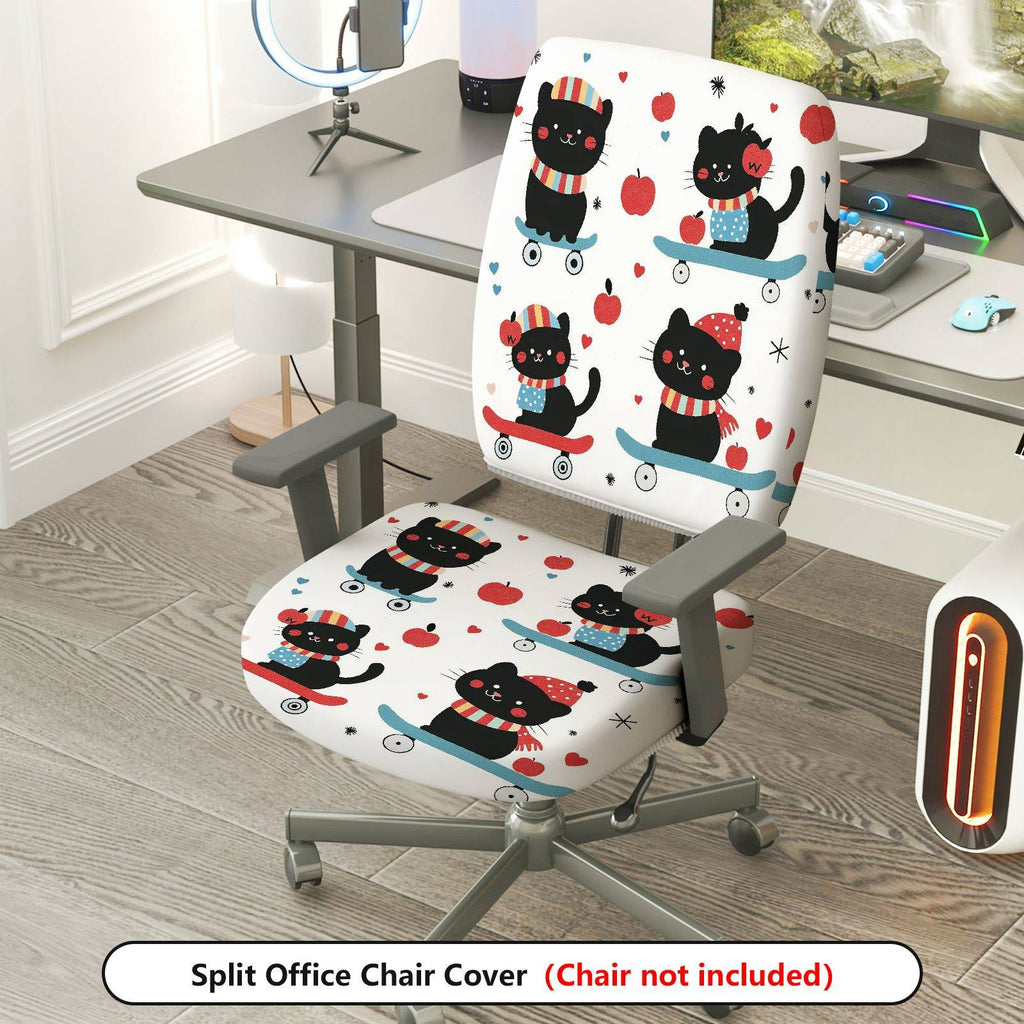 2-Piece Cute Skating Cat Apple Pattern  Computer Chair Cover Set, Seat and Backrest