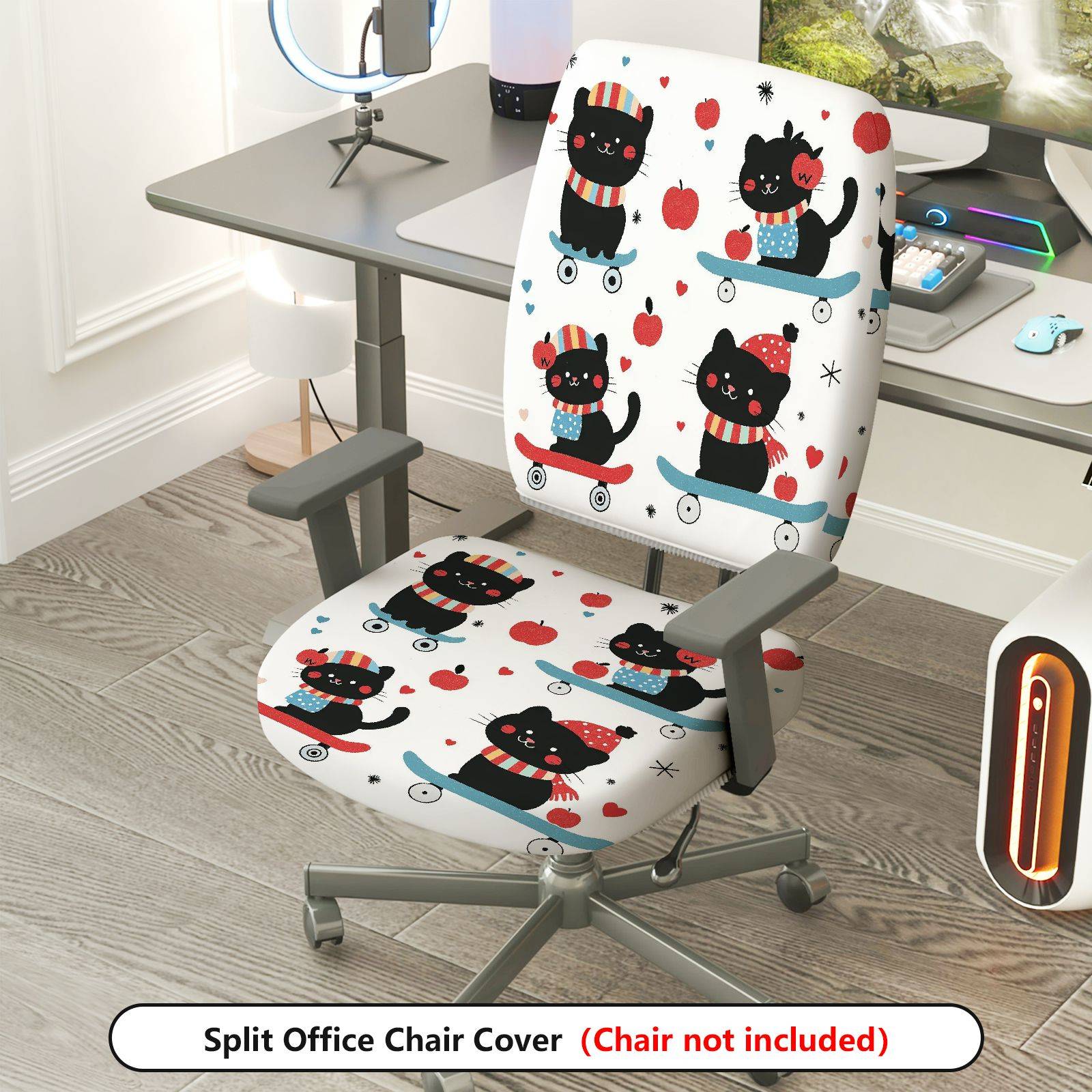 2-Piece Cute Skating Cat Apple Pattern  Computer Chair Cover Set, Seat and Backrest