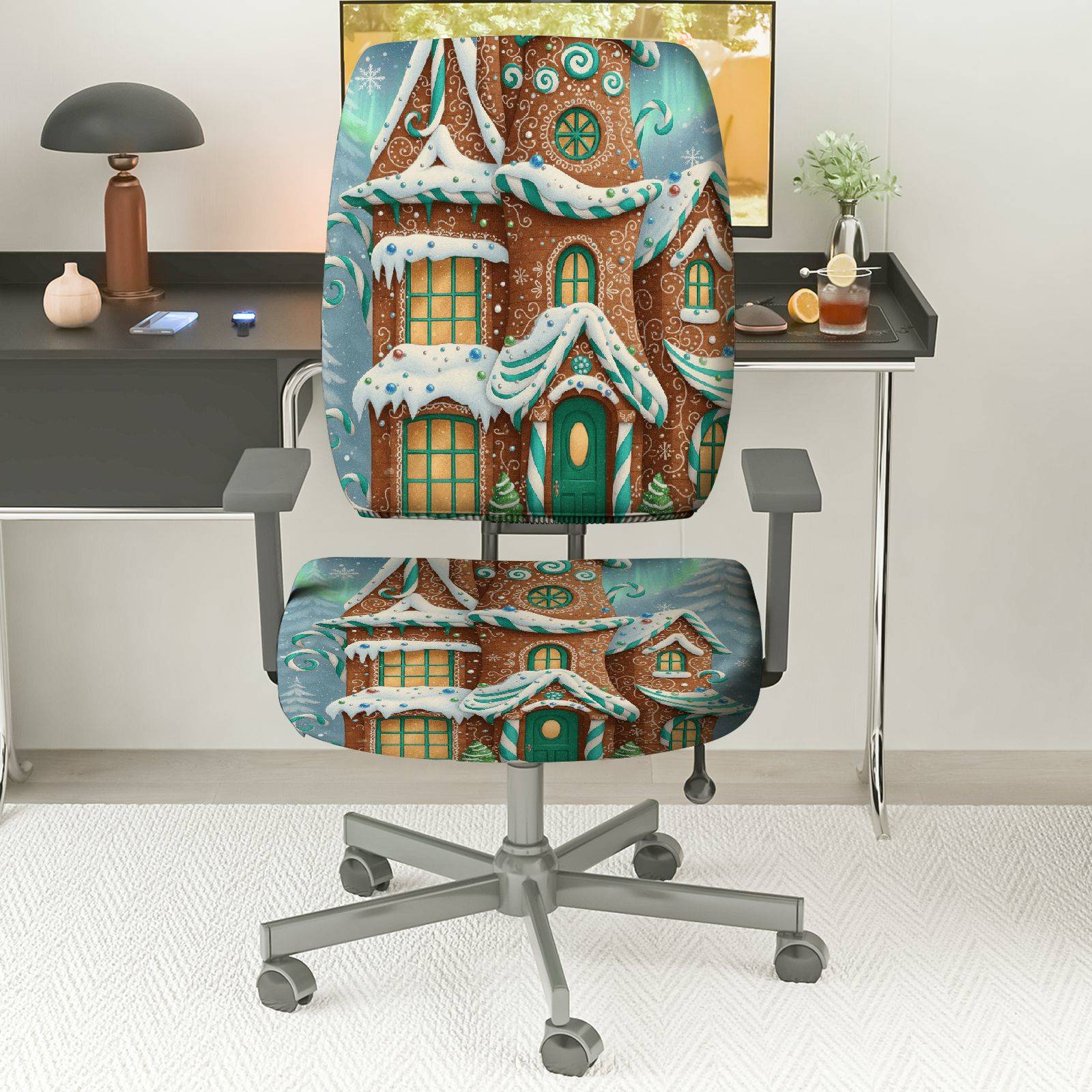 2-Piece Christmas Snowy Gingerbread House Winter Holiday  Computer Chair Cover Set, Seat and Backrest