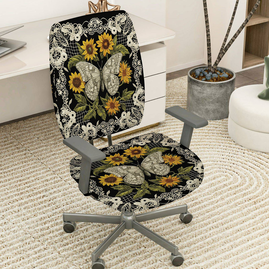 2-Piece Butterfly Floral Lace Sunflower Black  Computer Chair Cover Set, Seat and Backrest