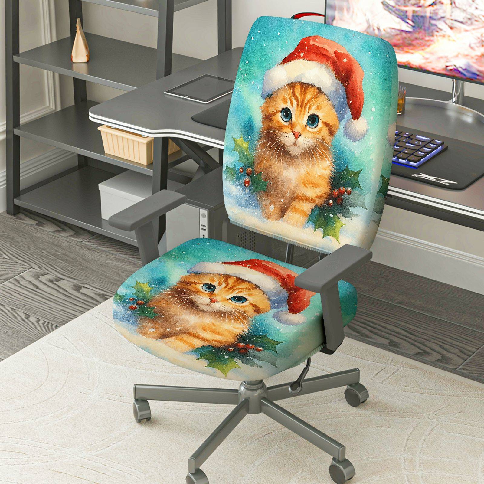 2-Piece Christmas Santa Cat Holly Snow Winter  Computer Chair Cover Set, Seat and Backrest