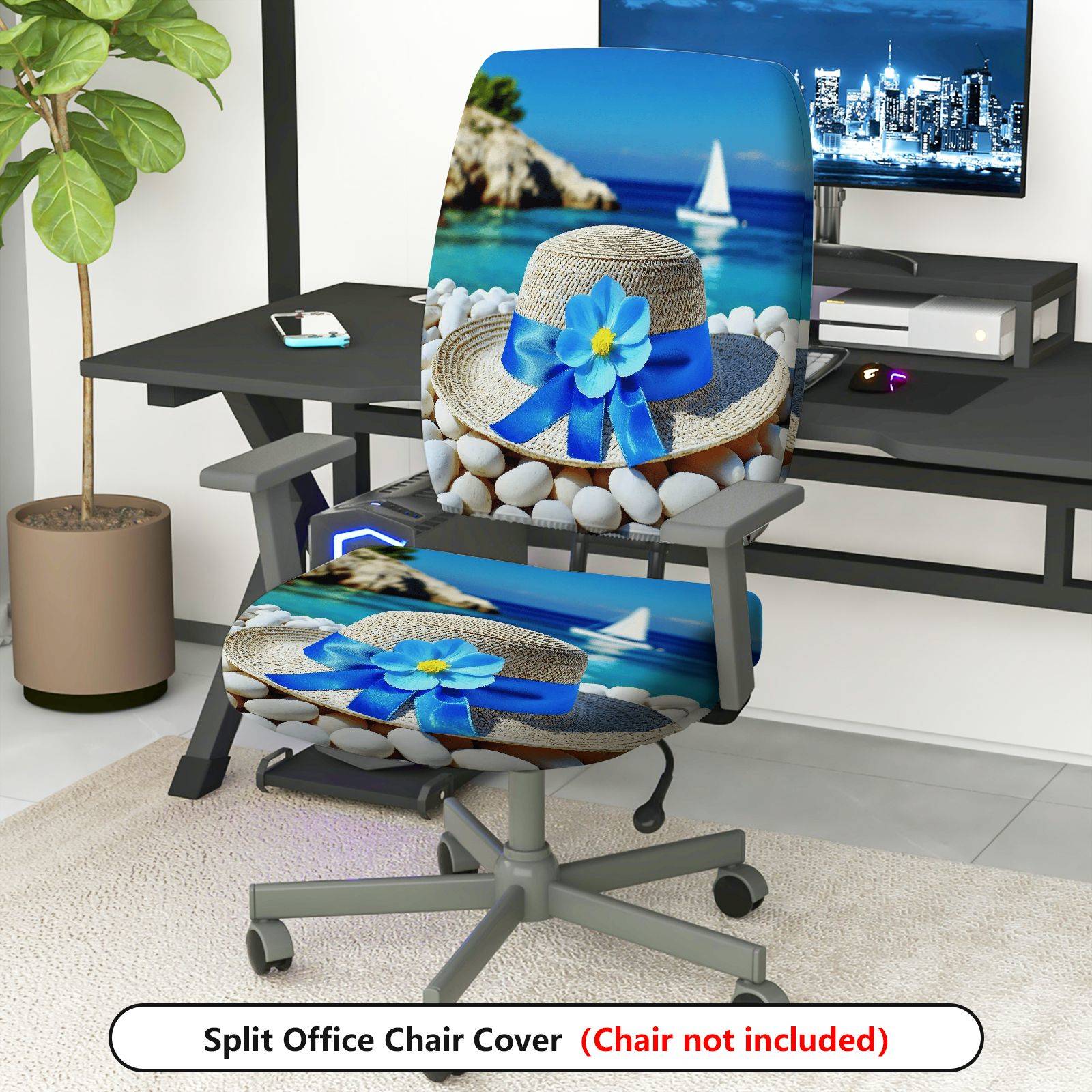 2-Piece Nautical Beach Hat Flower Sailboat Seaside  Computer Chair Cover Set, Seat and Backrest