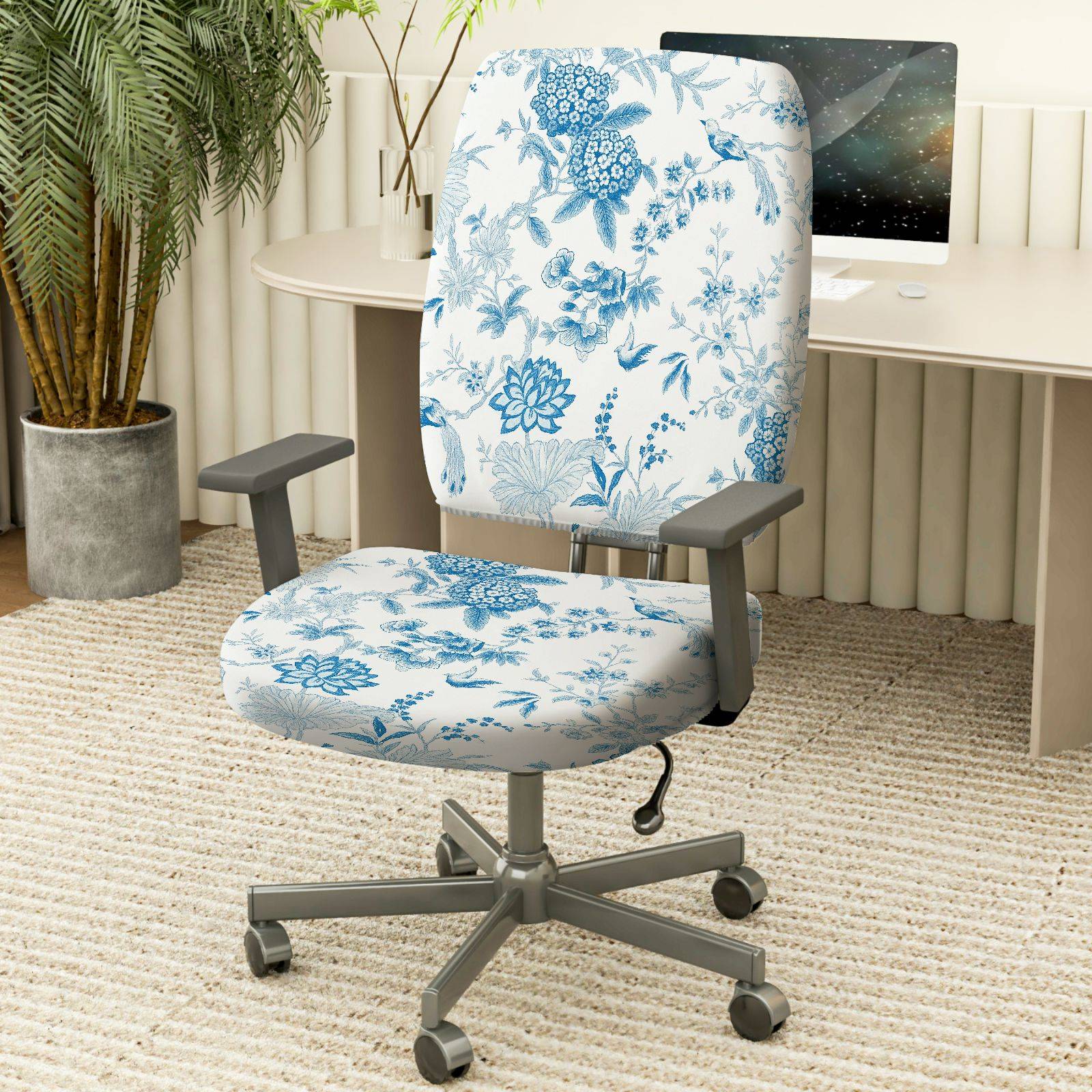 2-Piece Floral Bird Print Nature Blue White  Computer Chair Cover Set, Seat and Backrest