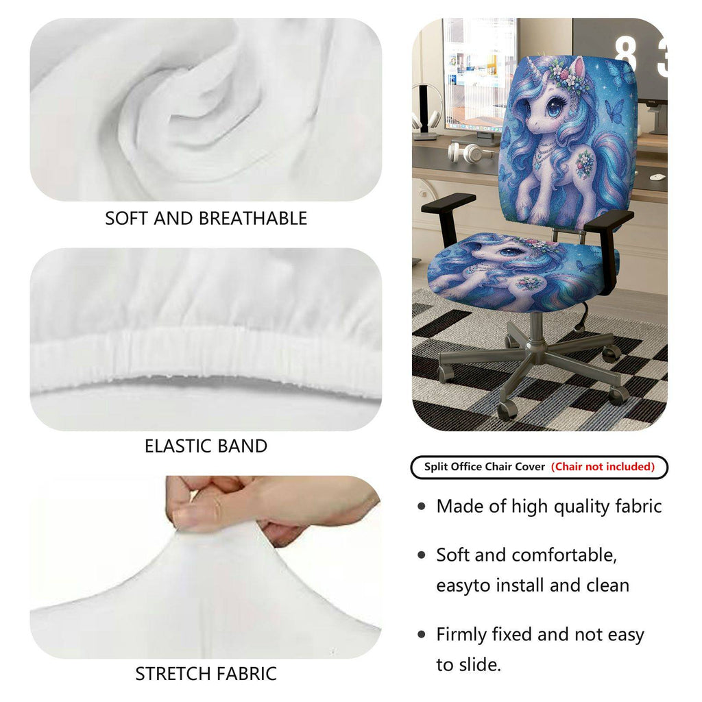 2-Piece Magical Unicorn Fantasy Butterfly Flower Glitter  Computer Chair Cover Set, Seat and Backrest