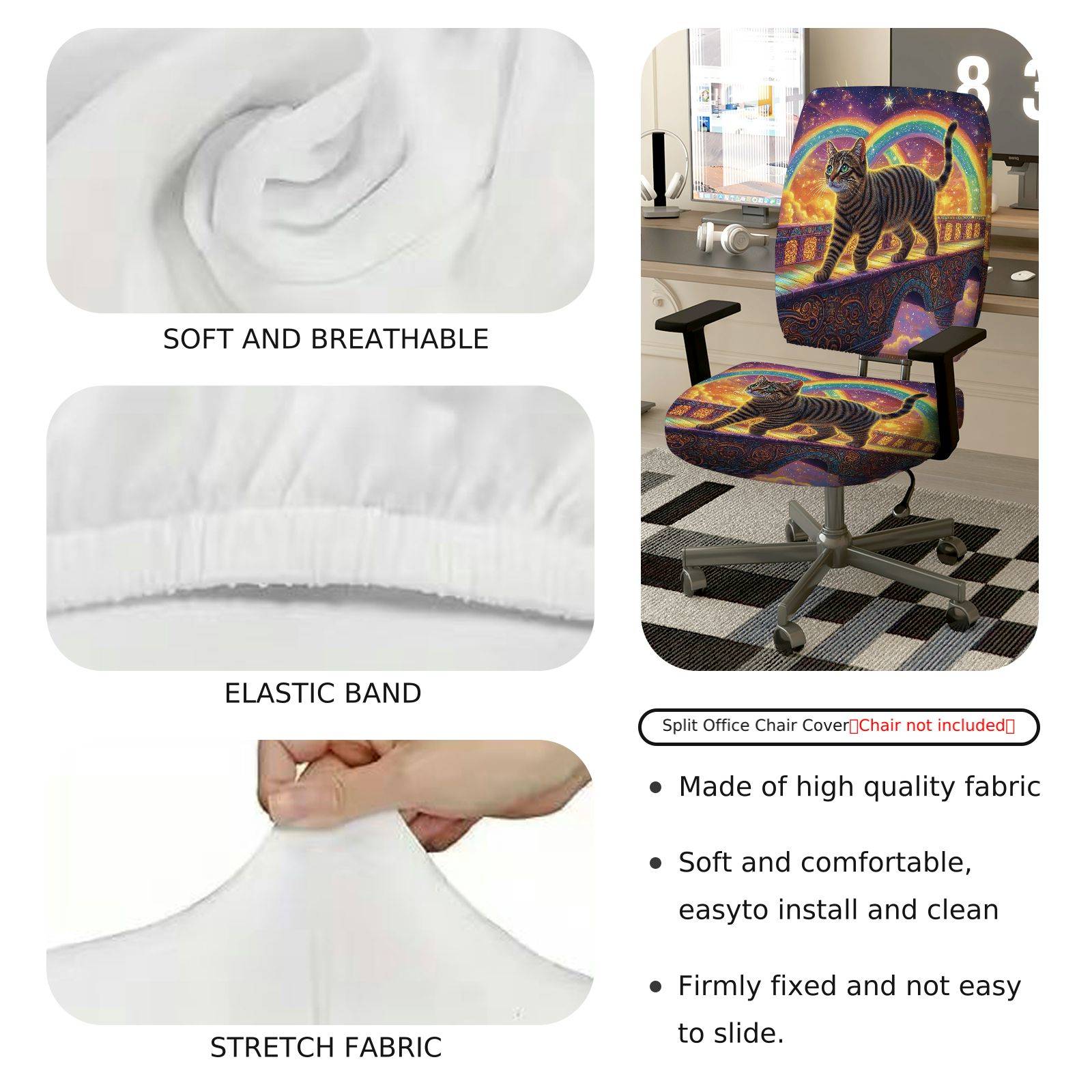 2-Piece Rainbow Starry Night Cat Fantasy Bridge  Computer Chair Cover Set, Seat and Backrest