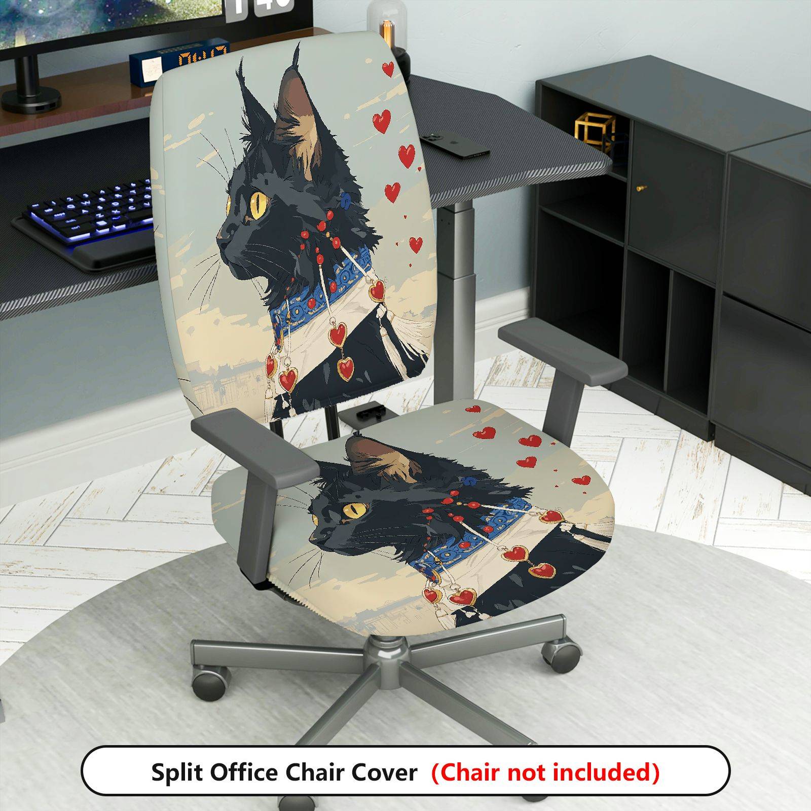 2-Piece Black Cat Heart Collar Cute Decorative  Computer Chair Cover Set, Seat and Backrest