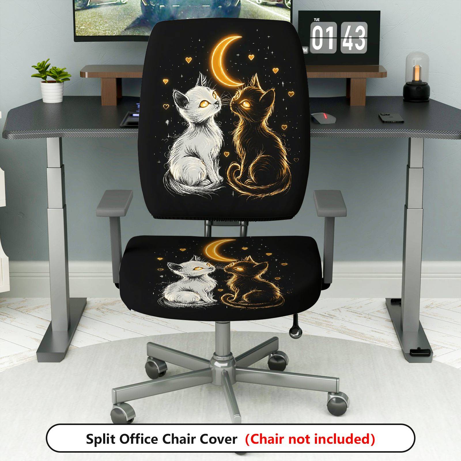 2-Piece Moonlight Cat Lovers Stars Hearts Cosmic  Computer Chair Cover Set, Seat and Backrest