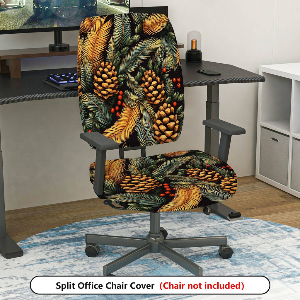 2-Piece Christmas Pinecone Festive Leaf Holiday Seasonal  Computer Chair Cover Set, Seat and Backrest