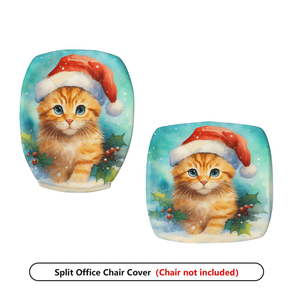2-Piece Christmas Santa Cat Holly Snow Winter  Computer Chair Cover Set, Seat and Backrest