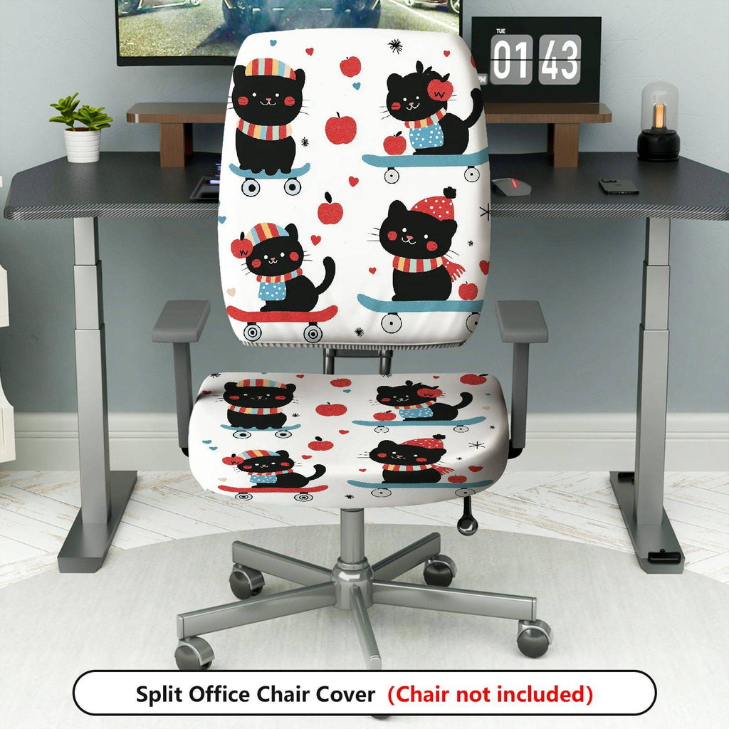 2-Piece Cute Skating Cat Apple Pattern  Computer Chair Cover Set, Seat and Backrest