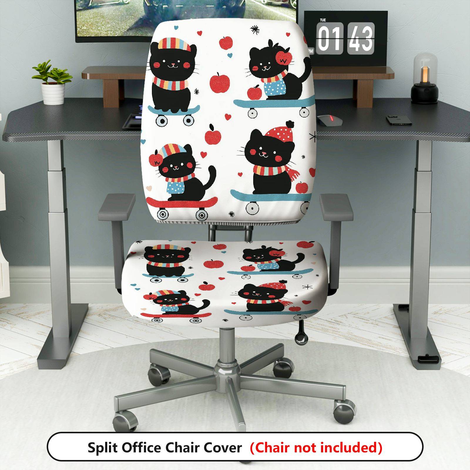 2-Piece Cute Skating Cat Apple Pattern  Computer Chair Cover Set, Seat and Backrest