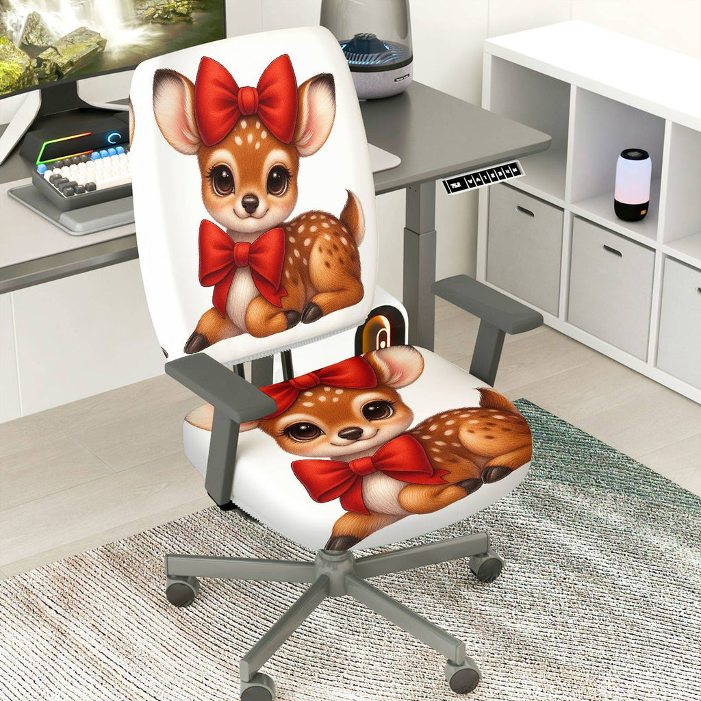 2-Piece Deer Red Bow Christmas  Computer Chair Cover Set, Seat and Backrest